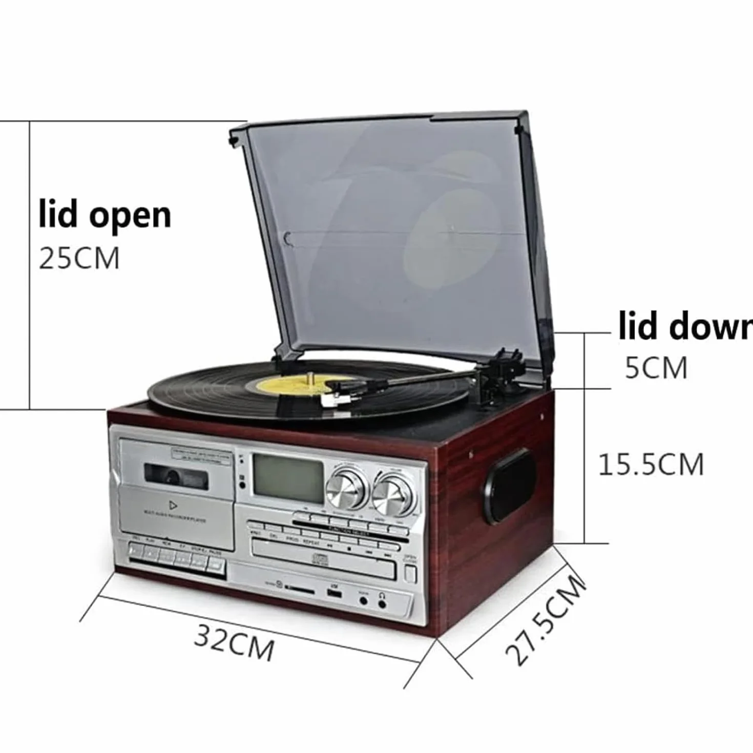 Gramofon 9 w 1 retro z radiem AM/FM, 3-biegowy winyl, wbudowane głośniki, wyjście audio do domowego biura, sypialni