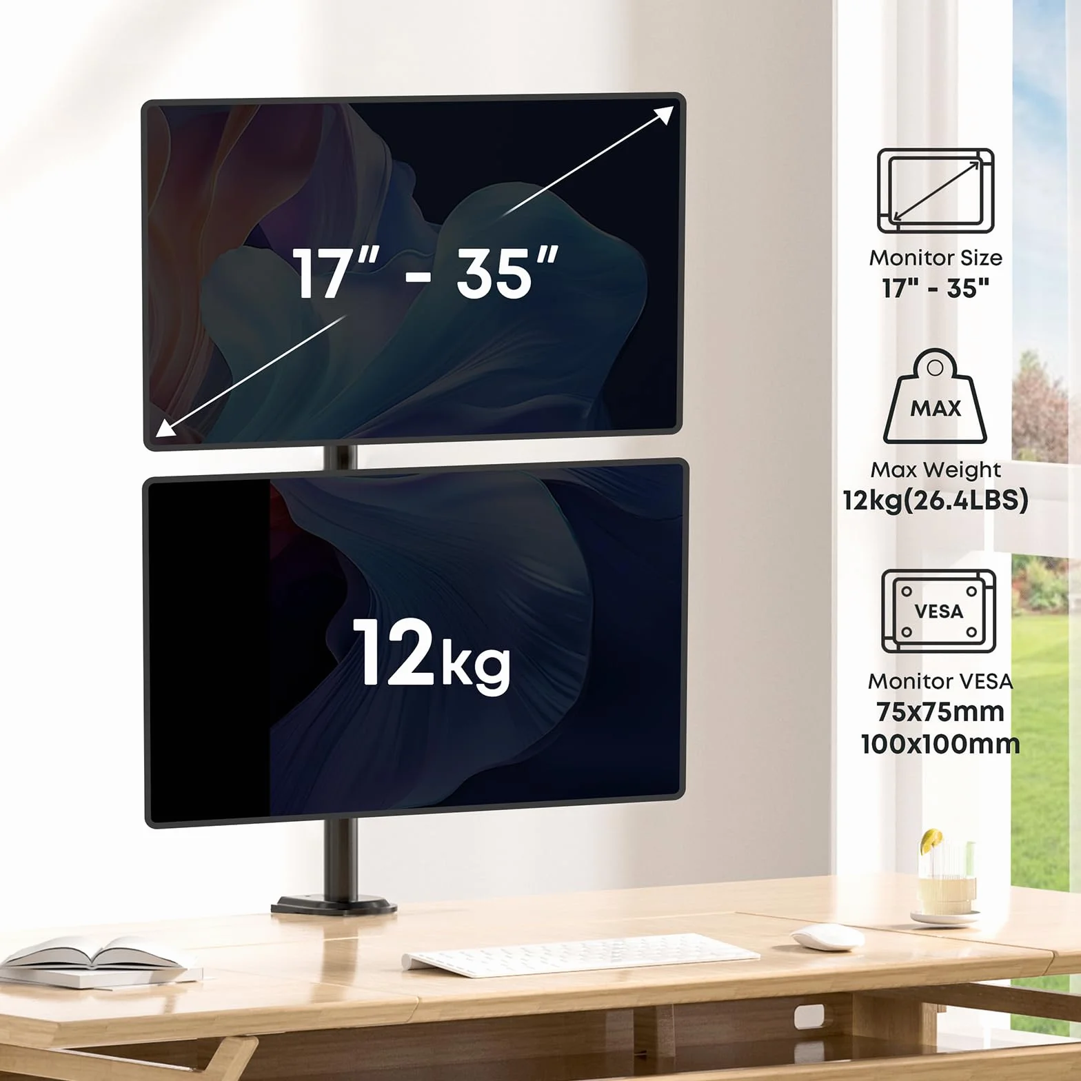 Uchwyt na 2 monitory jeden na drugim do ekranów 17-35 cali, maks. 12 kg, uchwyt na 2 monitory z regulacją wysokości, 2 opcje montażu/VESA 75/100, WORLDLIFT
