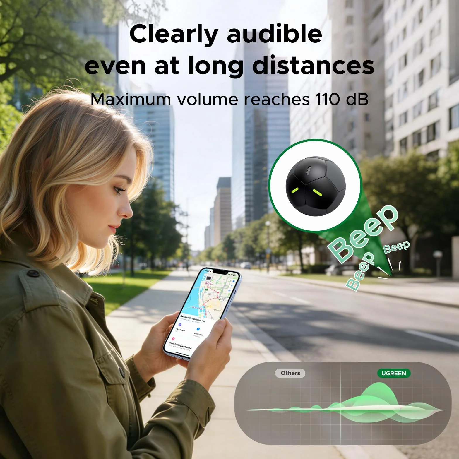 UGREEN FineTrack 2 w kształcie piłki nożnej, kompatybilny z Apple Find My (tylko iOS), 110 dB, IP68, nie wymaga ładowania, żywotność baterii 5–7 lat, lokalizator do walizek, kluczy, plecaków