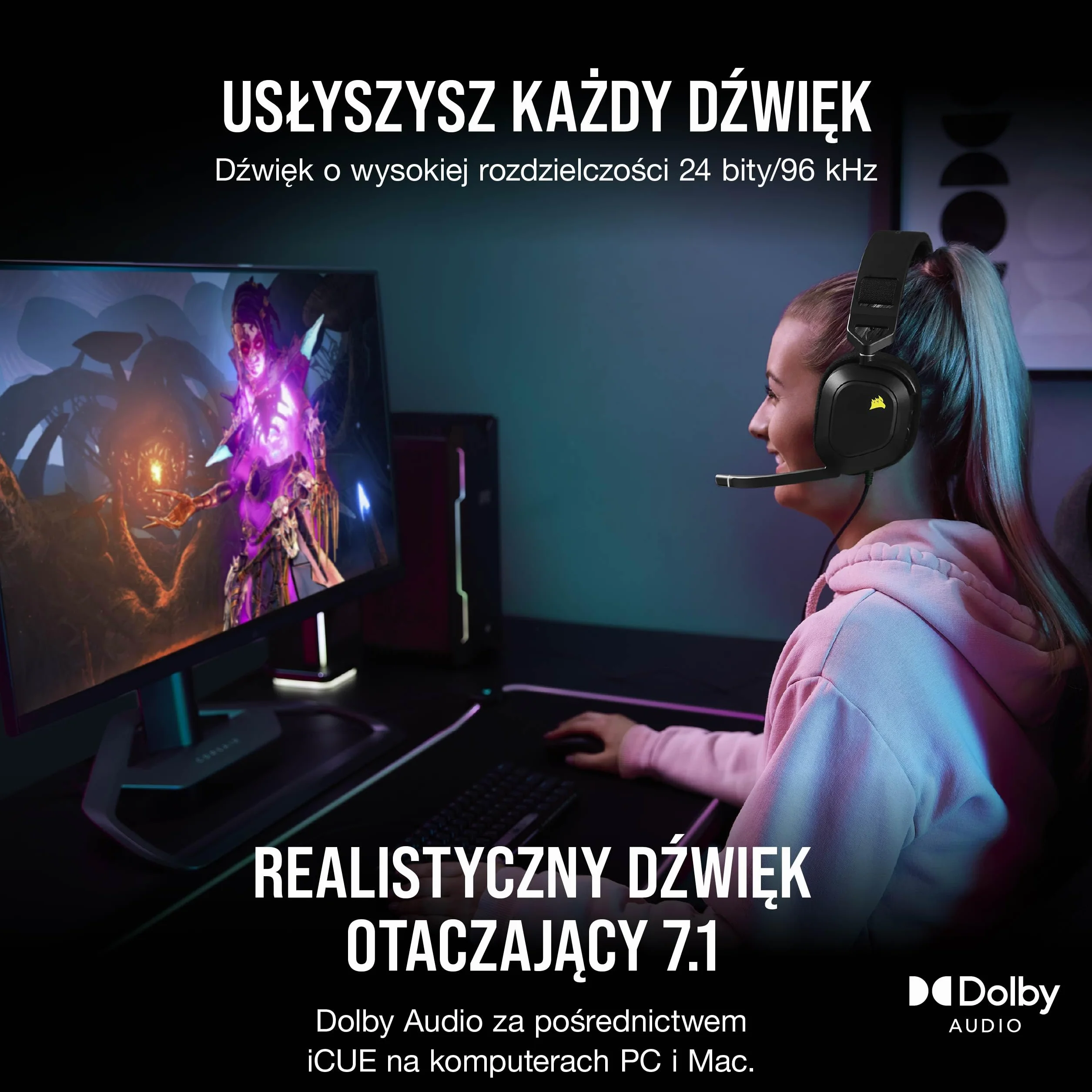 Corsair HS80 RGB USB Gamingowy Zestaw Słuchawkowy Klasy Premium z Dźwiękiem Przestrzennym 7.1, Mikrofon o Jakości Nadawczej, Nauszniki z Pianki z Pamięcią, Dźwięk HiFi, Solidna Konstrukcja, Czarny