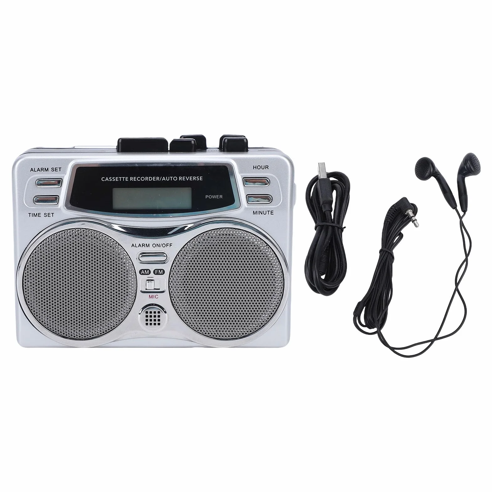 ASHATA Odtwarzacz Kasetowy w Stylu Retro z Radiem AM FM, Przenośny Odtwarzacz Kasetowy z Wbudowanym Głośnikiem Stereo i Gniazdem Słuchawkowym Zegar Cyfrowy z Zegarem, do Użytku na