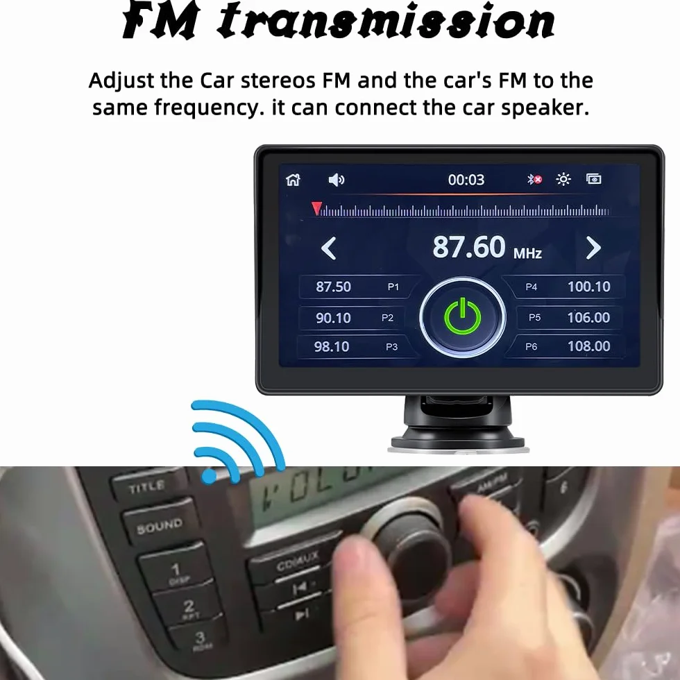 sunweyer Sunweyer Bezprzewodowy ekran samochodowy Carplay i Android, przenośne radio samochodowe, ekran dotykowy IPS 7", obsługa kamery cofania 1080p i nadajnik Bluetooth/AUX/FM