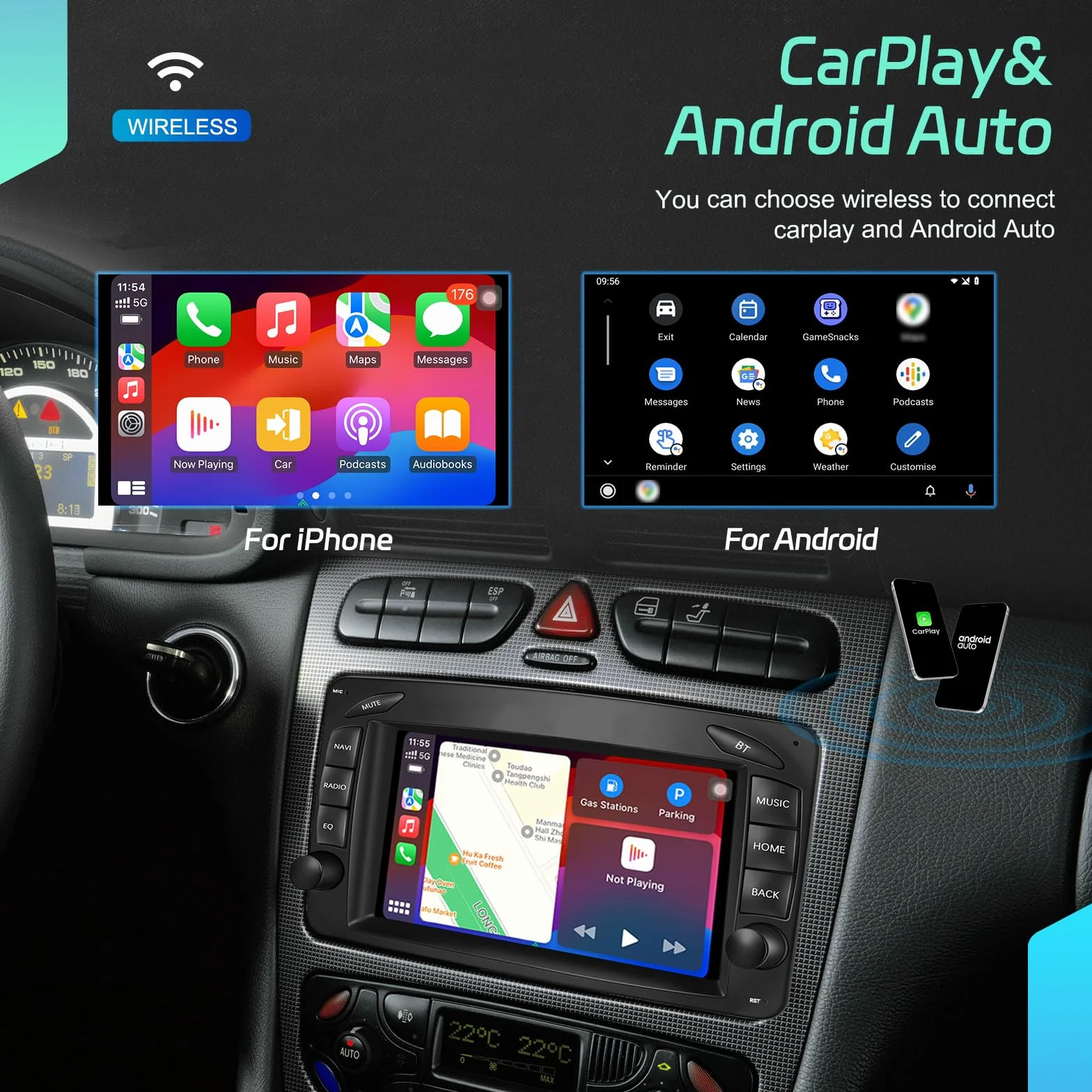 6 GB + 128 GB bezprzewodowy CarPlay dla Mercedesów W203 (2000–2005) i W209 (1998–2004) – odtwarzacz Android 15.0 7 cali z GPS kamerą cofania podzielonym ekranem WiFi i Bluetooth 5.0