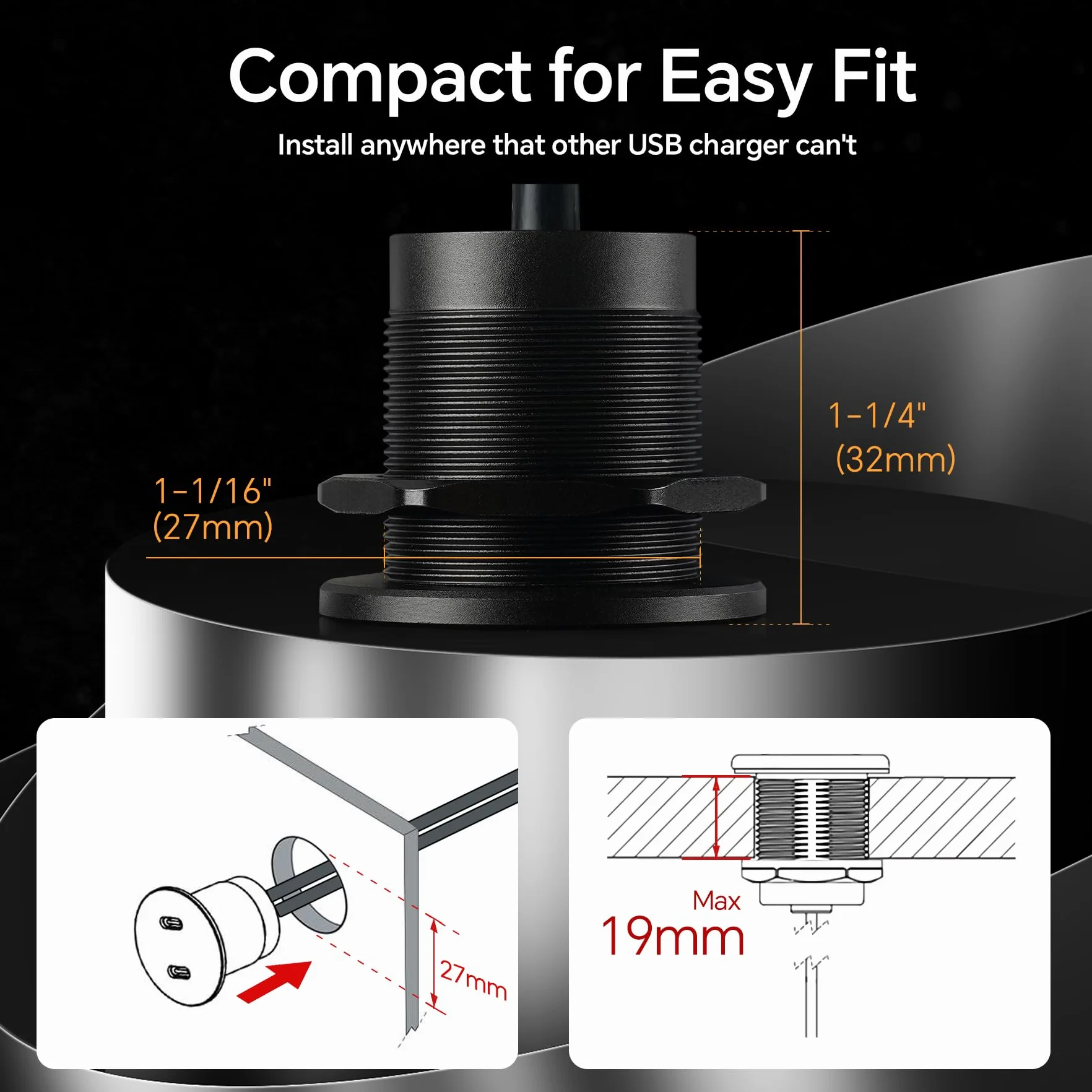 Gniazdo USB C 12V 40W, gniazdo USB, całkowicie aluminiowe, podwójne typu C, PD 3.0 20W, szybka ładowarka, do kampera, furgonetki, przyczepy kempingowej, ciężarówki (1 opakowanie)