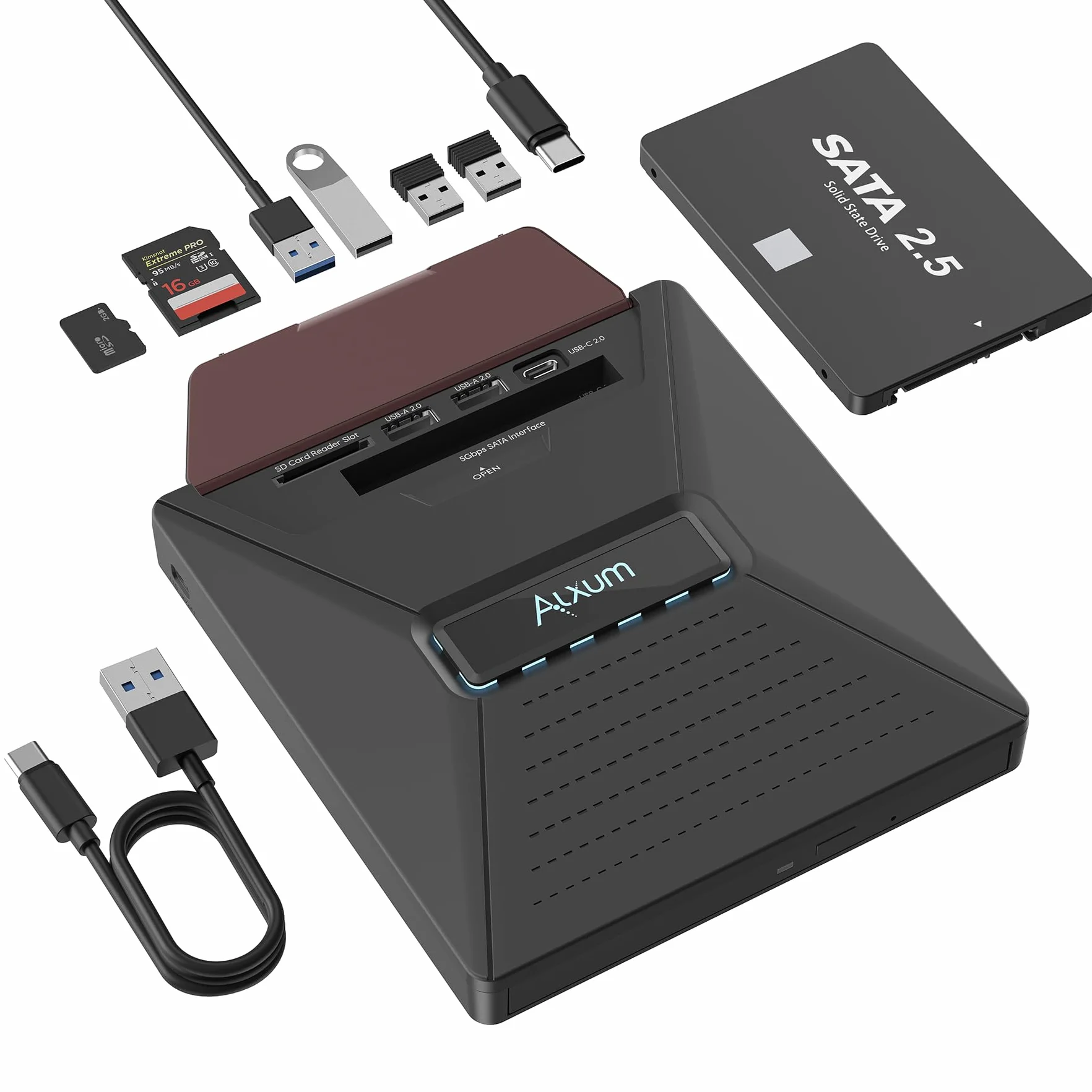 Alxum Zewnętrzny napęd DVD CD do laptopa, napęd CD zewnętrzny USB z interfejsem SATA, nagrywarka DVD zewnętrzna z czytnikiem kart SD/TF i portami USB, do laptopa, komputera, Windows, Linux, Mac OS