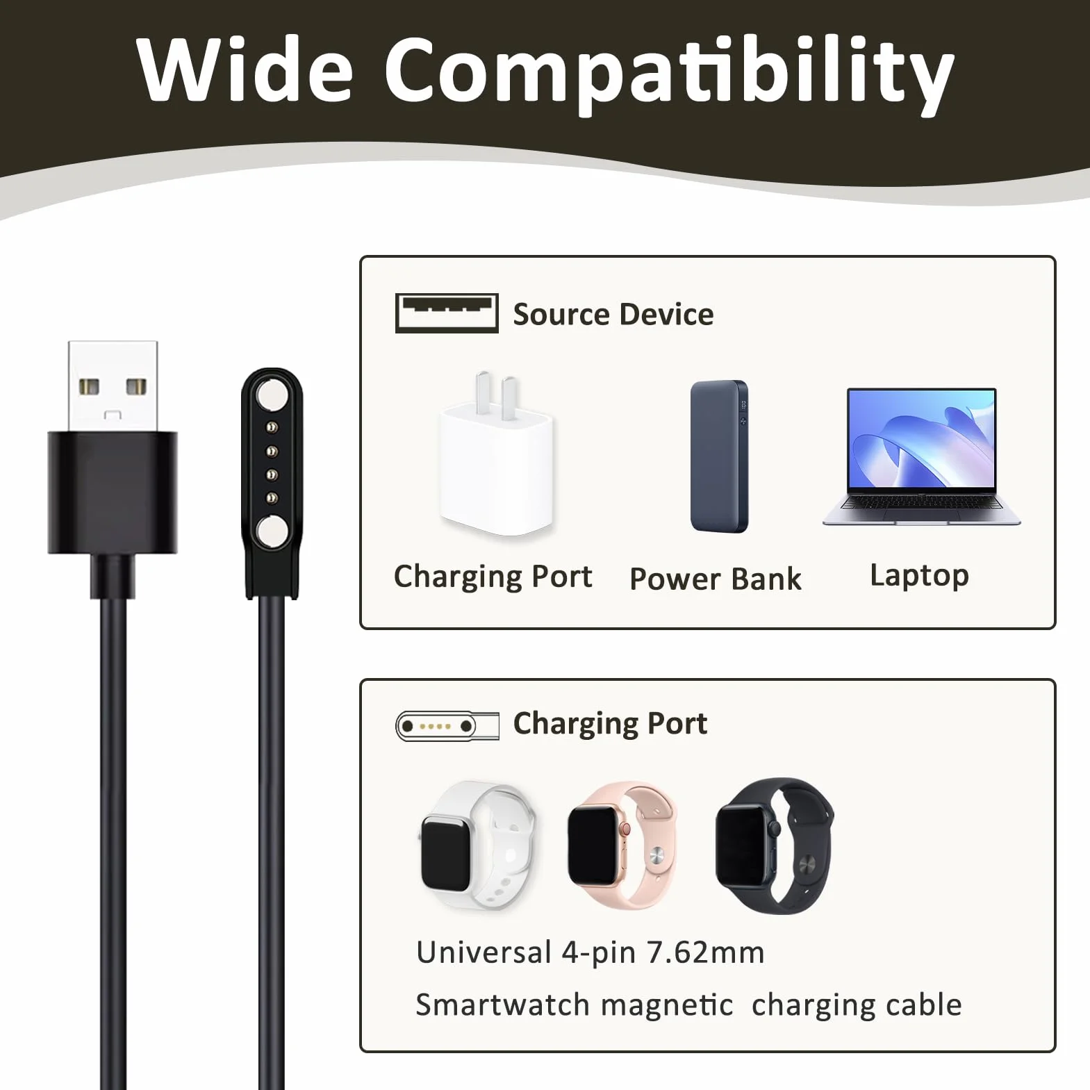 2 sztuki kabla do ładowania kompatybilnych z 4-biegunowym Pitch 7,62 mm, inteligentny zegarek, magnetyczny kabel do ładowania smartwatcha 4-pinowego, uniwersalny kabel do ładowania, magnetyczny