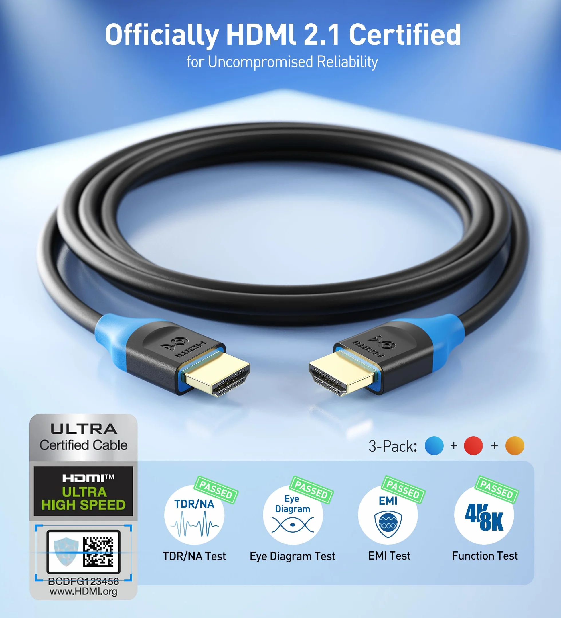 Cable Matters 3-Pak Kabli HDMI 8K 48 Gbps, 2 m | 8K@60Hz, 4K@240Hz, HDR, zgodne z PS5, Xbox Series X/S, kartami RTX/RX i Apple TV