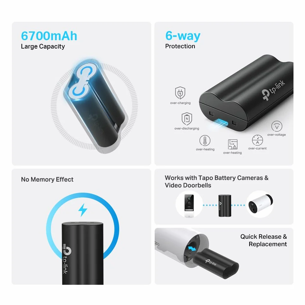 Tapo A100 | Akumulator 6700 mAh do kamer i wideodomofonów Tapo | 6-stopniowa ochrona | Szybkie ładowanie | Kompatybilny z C420, C400, D230