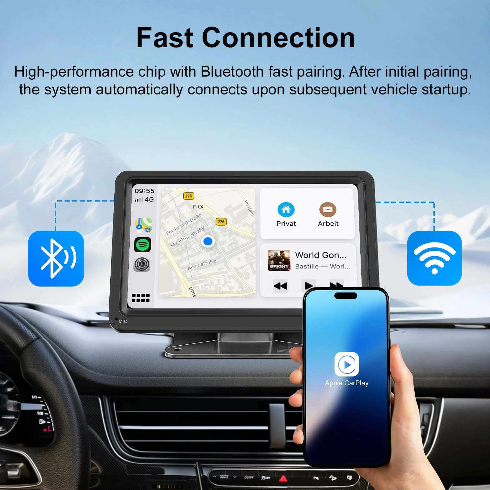 7-calowy bezprzewodowy wyświetlacz CarPlay i Android Auto Display Carplay, radio samochodowe, Plug & Play, przenośne radio samochodowe z ekranem, nawigacja GPS, Bluetooth 5.0, Mirror Link, sterowanie
