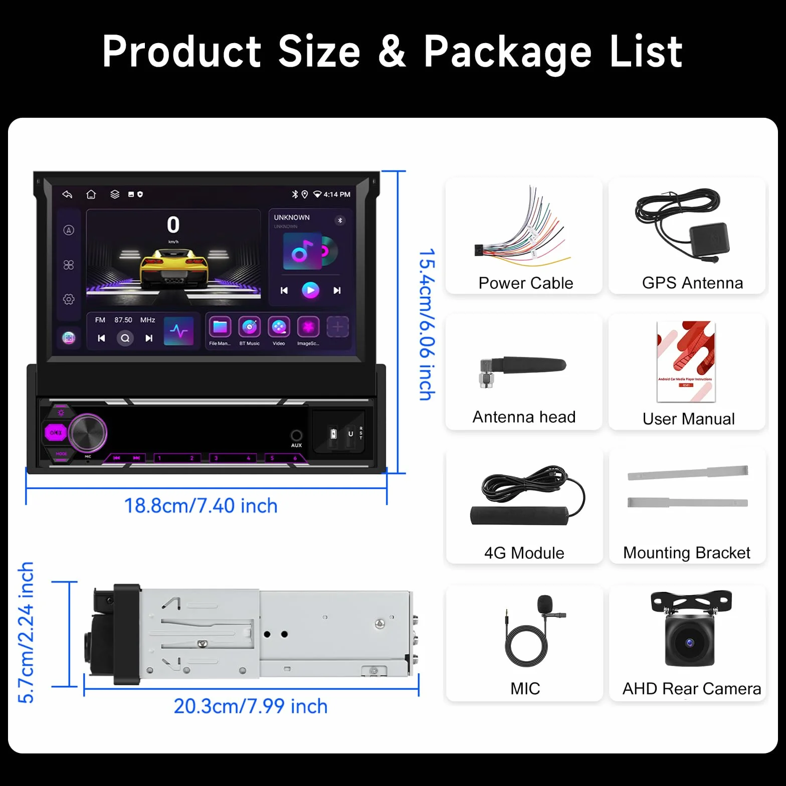 Hodozzy 6G + 128 GB Android 15 radio samochodowe 1 Din wysuwane z Carplay, bezprzewodowy Android Auto, 7-calowy ekran dotykowy nawigacja GPS radio z WiFi, Bluetooth, FM/AM/RDS, DSP, USB i kamerą