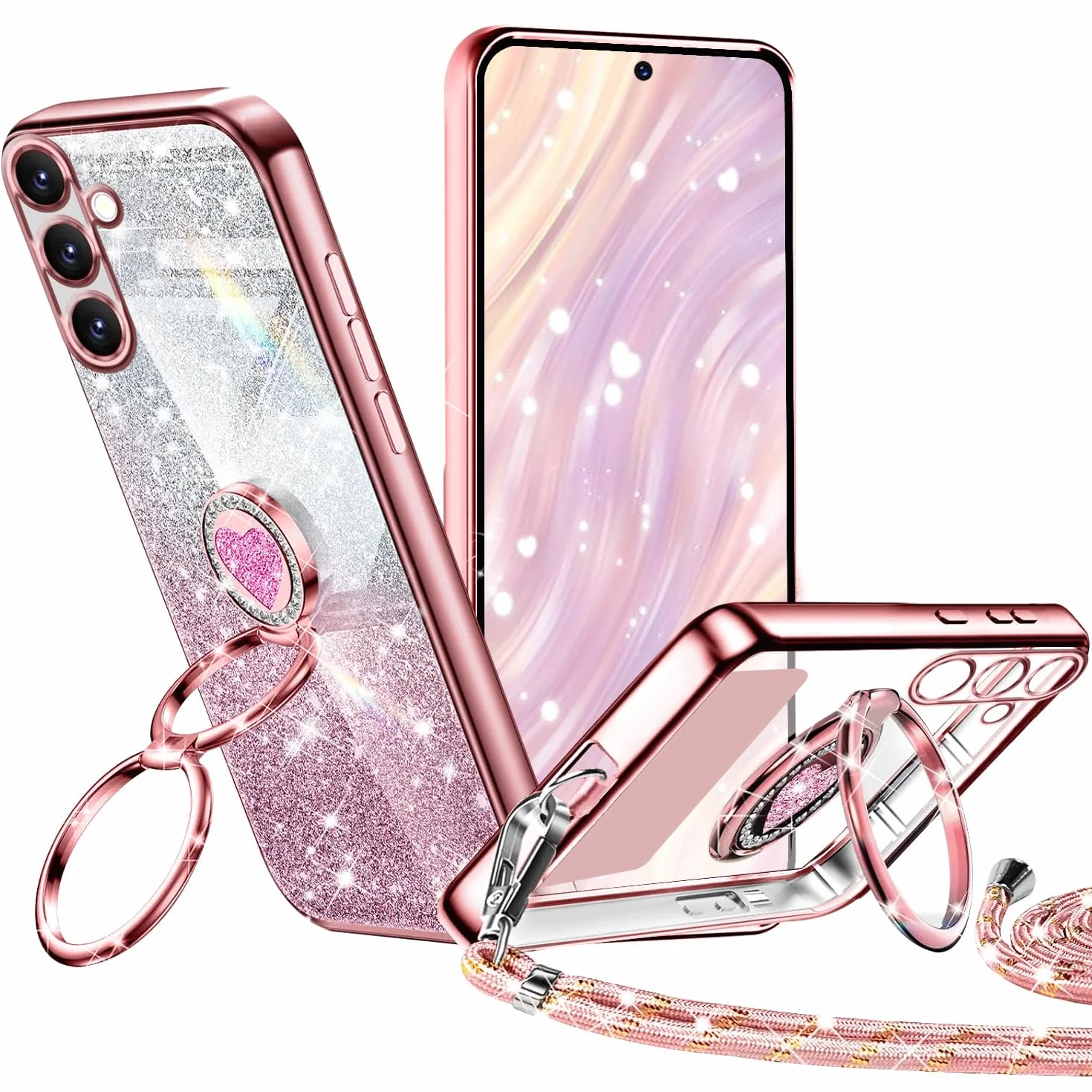 Tawarror Błyszczące etui ze sznurkiem do Samsung Galaxy A56 5G, Galvanisée silikonowe etui z sercem miłości, podwójny uchwyt na pierścień i regulowany naszyjnik pasek na szyję, różowe złoto