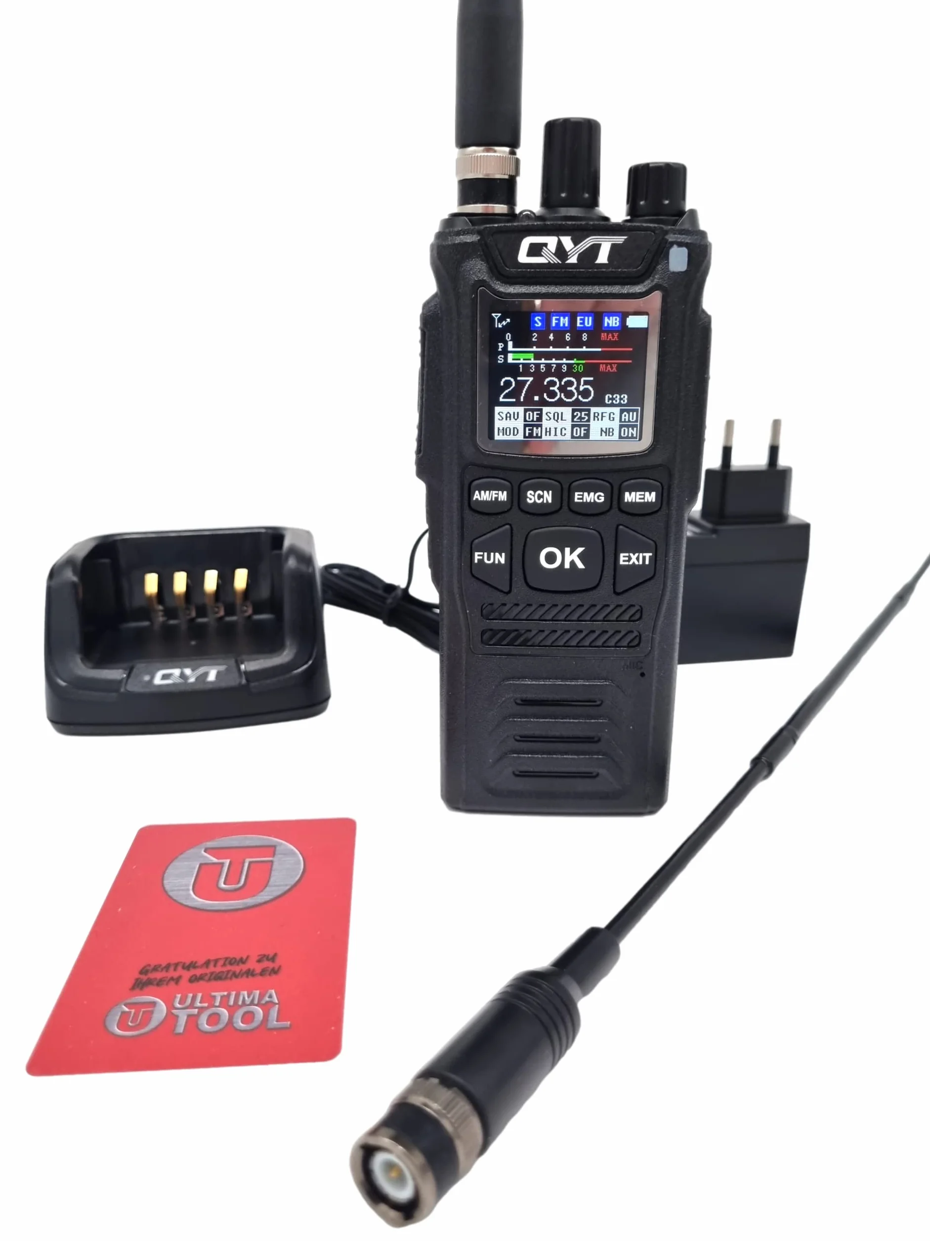 CB CB58 Magnum zestaw radiotelefonów ręcznych z 3 antenami, anteną HyFlex, anteną teleskopową, anteną 20 cm, stacją ładującą, akumulatorem, akcesoriami