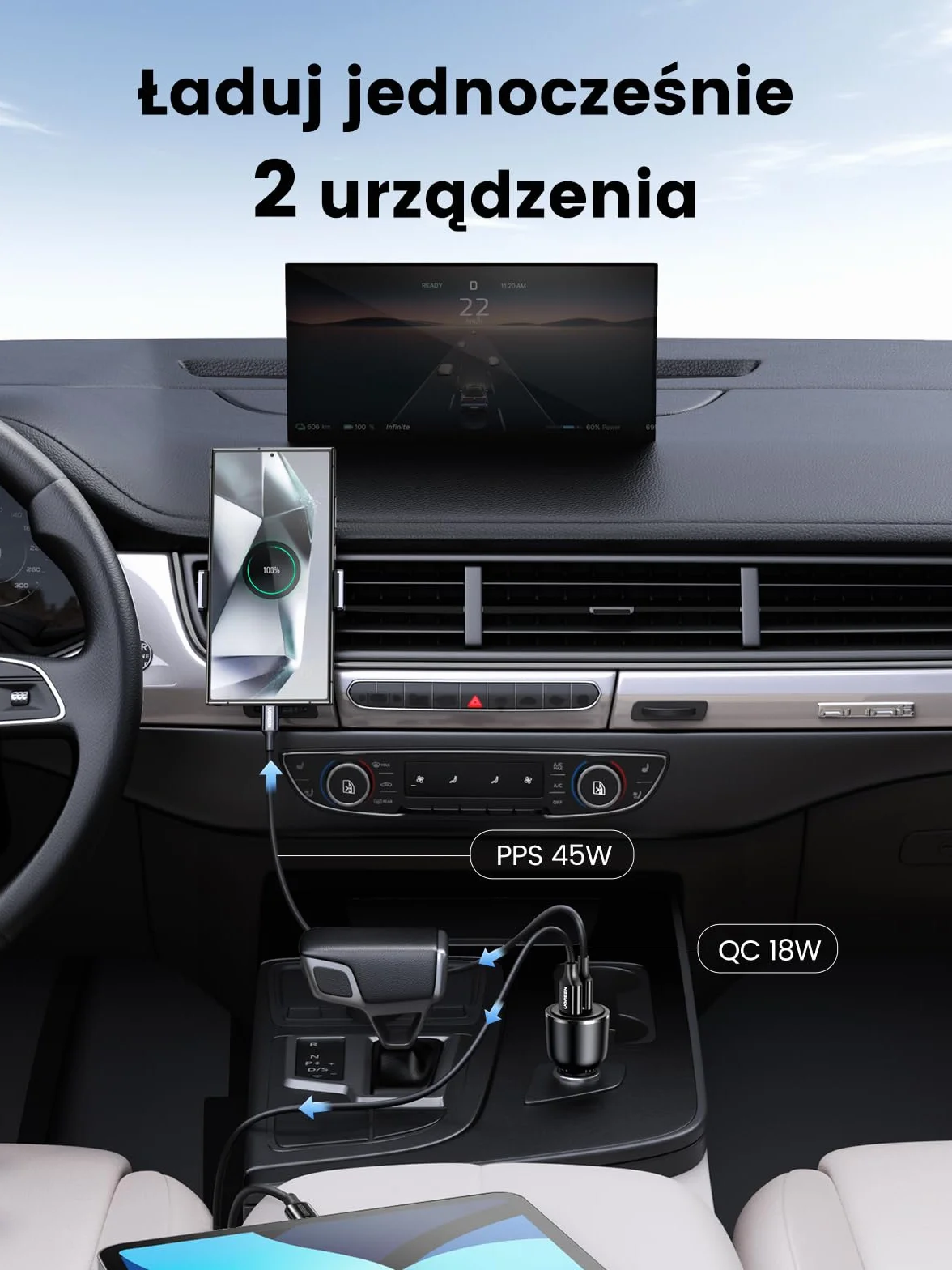 UGREEN Zapalniczka USB 63 W 45 W + 18 W Ładowarka samochodowa USB C 12 V PPS Kompatybilna z iPhone17/16/15 MacBook Air, S25, S24 nawigacją GPS itp