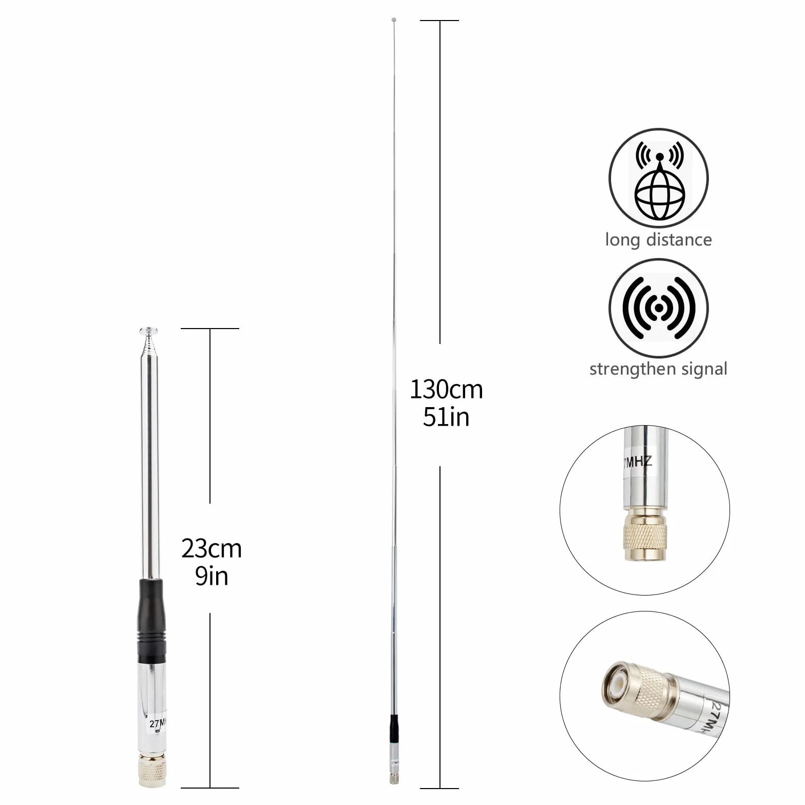 HYS Antena radiowa CB 27 MHz, połączenie TNC, wysoki zysk, teleskopowa antena pop up (130 cm) kompatybilna z radiem ręcznym President Randy-3, PNI Escort HP 72