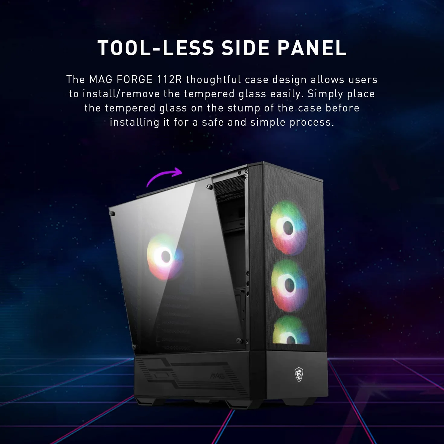 MSI Gaming Mid Tower obudowa PC, panel boczny ze szkła hartowanego, 4 wentylatory aRGB 120 mm, uchwyt chłodzący cieczą do 240 mm x 1 - MAG Forge 112R