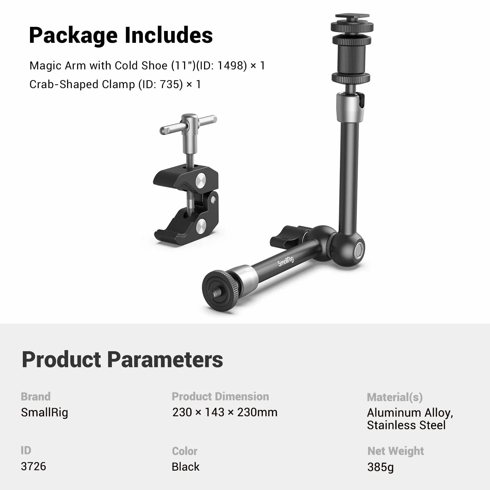 SMALLRIG Super Clamp i Magic Arm (11"), Gwintowane ramię przegubowe 1/4''-20 z Uchwytem na Zimną Stopkę do Monitor, LED Light, Mikrofonu, Magiczne ramię z Super Zaciskiem - 3726