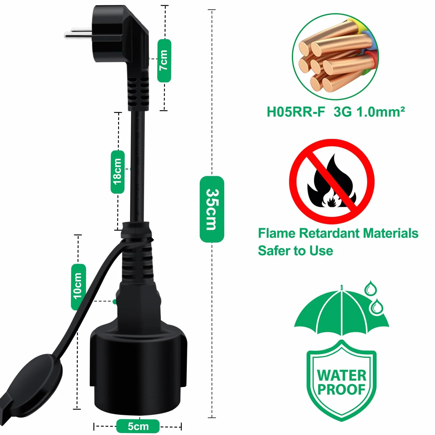 Schuko Przedłużacz Krótki 90° ochronny przedłużacz kontaktowy 16A /250V Krótki kabel 2 AC dla gniazda IP44 na zewnątrz lub wewnątrz, dom, biuro (czarny, 0.3 m)