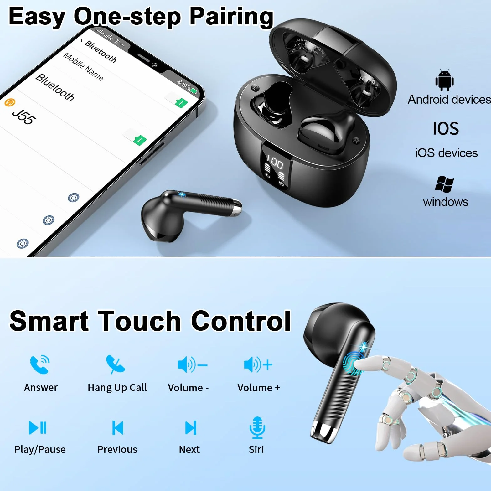 Bezprzewodowe słuchawki douszne, słuchawki Bluetooth V5.3 z 4 mikrofonami z redukcją szumów ENC, 40H słuchawki Bluetooth stereo z głębokim basem 2024, nowe słuchawki Bluetooth z podwójnym