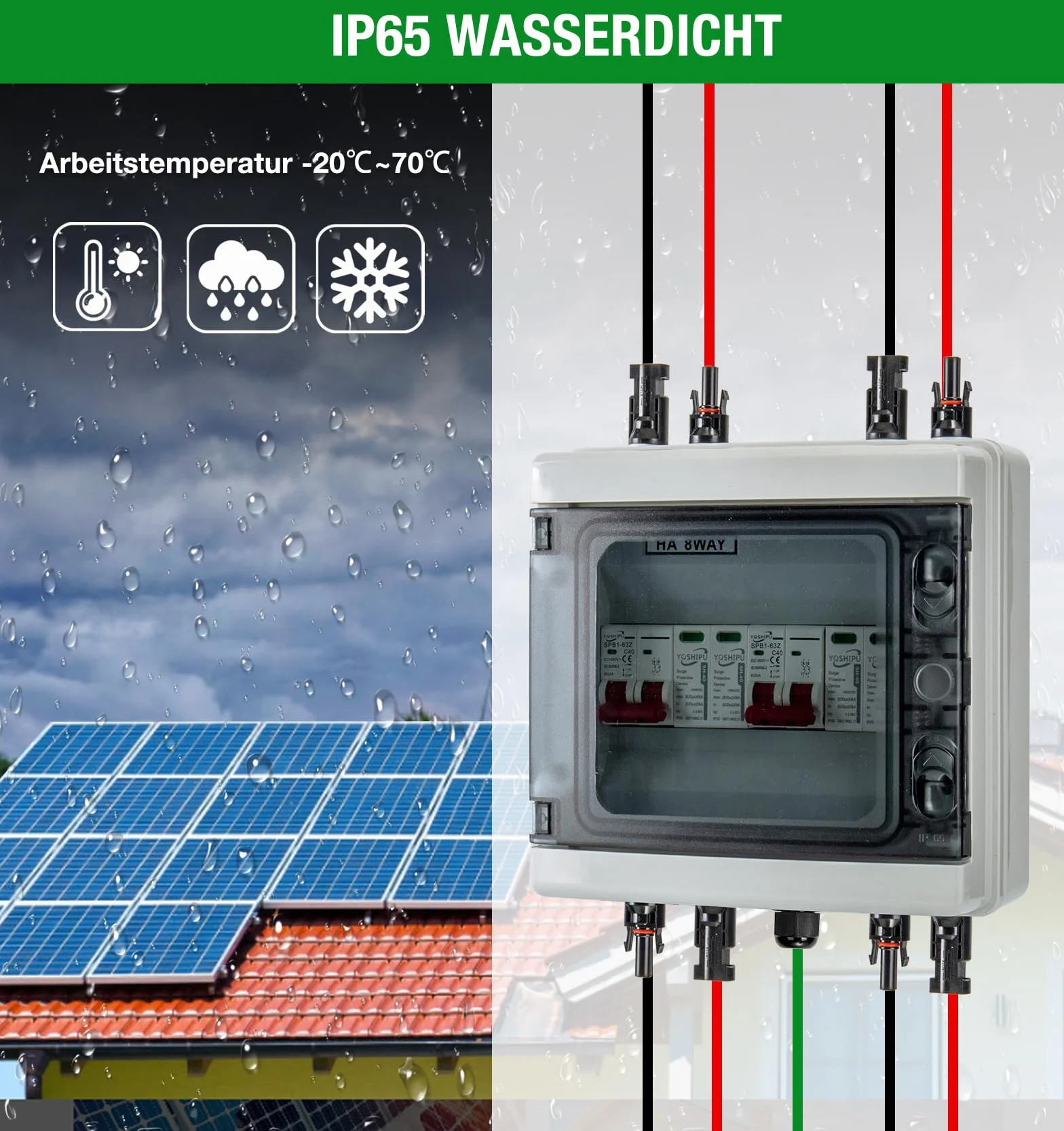 Zabezpieczenie przeciwprzepięciowe PV DC, odłącznik, ochrona odgromowa, 2 struny 1000 V DC 40 A, 20-40 KA, skrzynka przyłączeniowa generatora, IP65, wodoszczelna, solarna skrzynka przyłączeniowa do