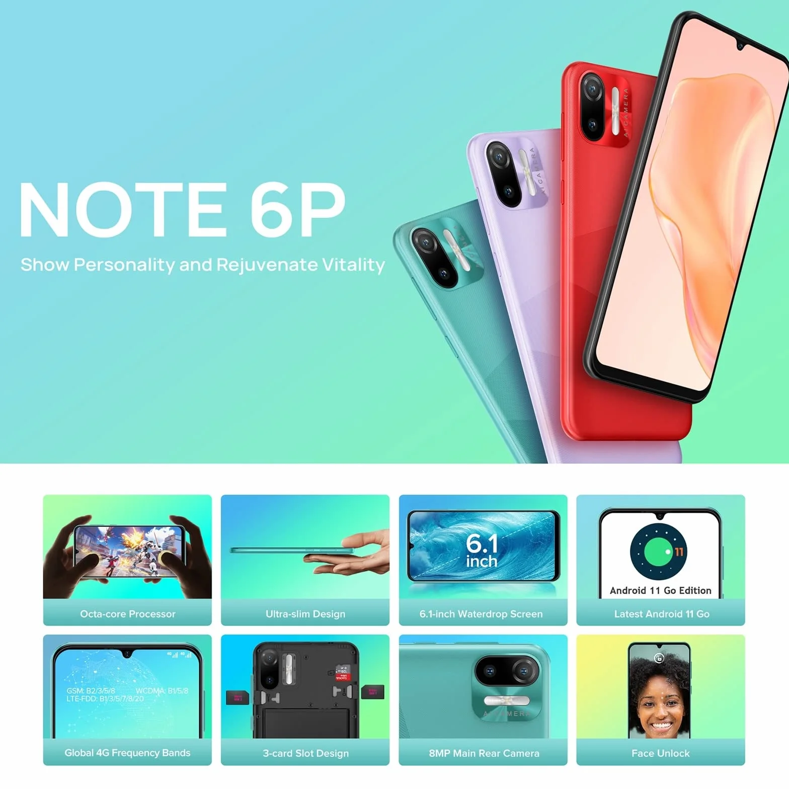 Ulefone Smartfon 4G bez umowy, Note 6(P), 8,5 mm, ultra cienki dual SIM, ekran HD 6,1", 3 gniazda na karty, Android 11 Go, 2 GB + 32 GB, aparat 8 MP + 5 MP, odblokowanie