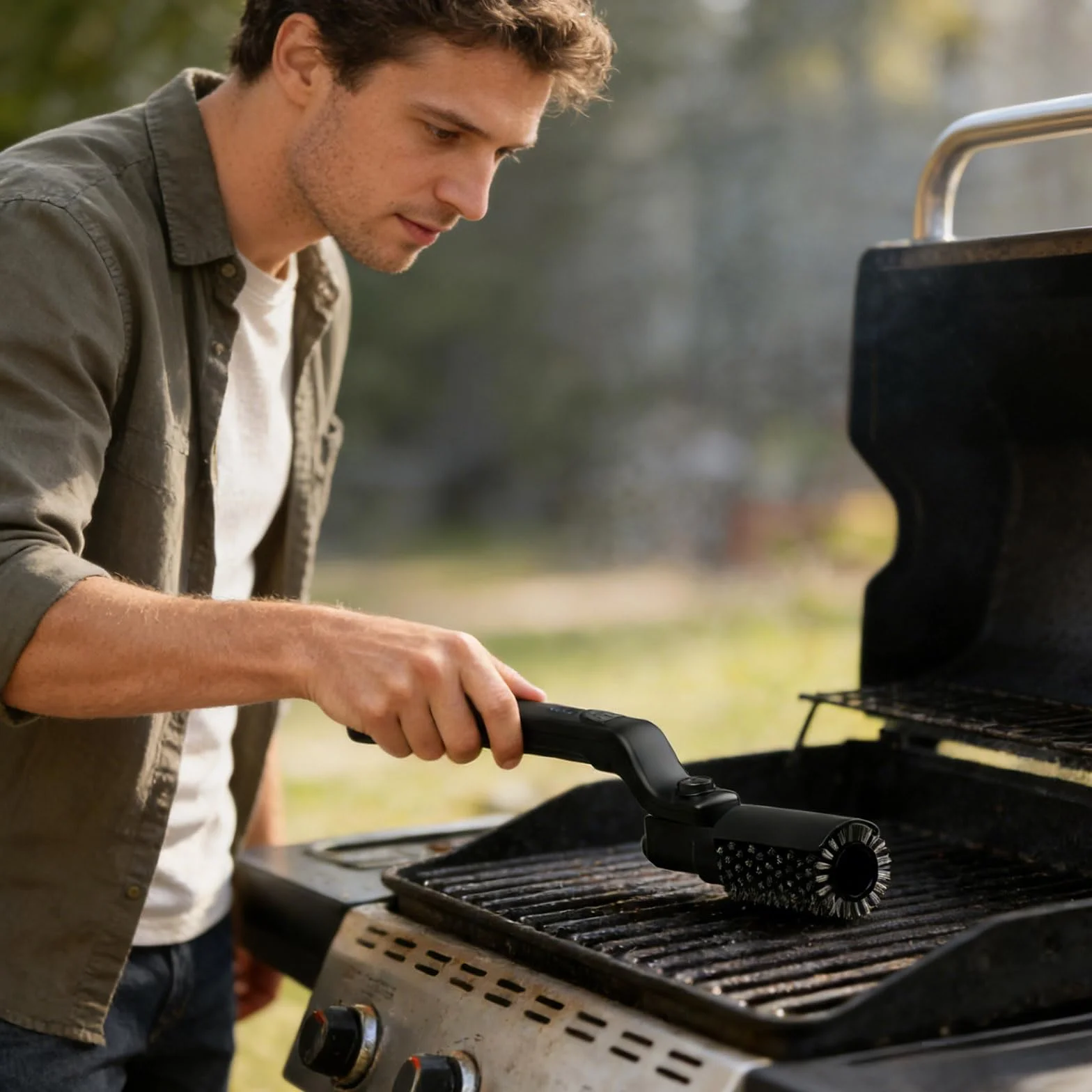 Elektryczna szczotka do grilla, bezprzewodowy środek czyszczący do przypalonej żywności, bezpieczny grill elektryczny bez włosia, narzędzie do czyszczenia grilla na zewnątrz