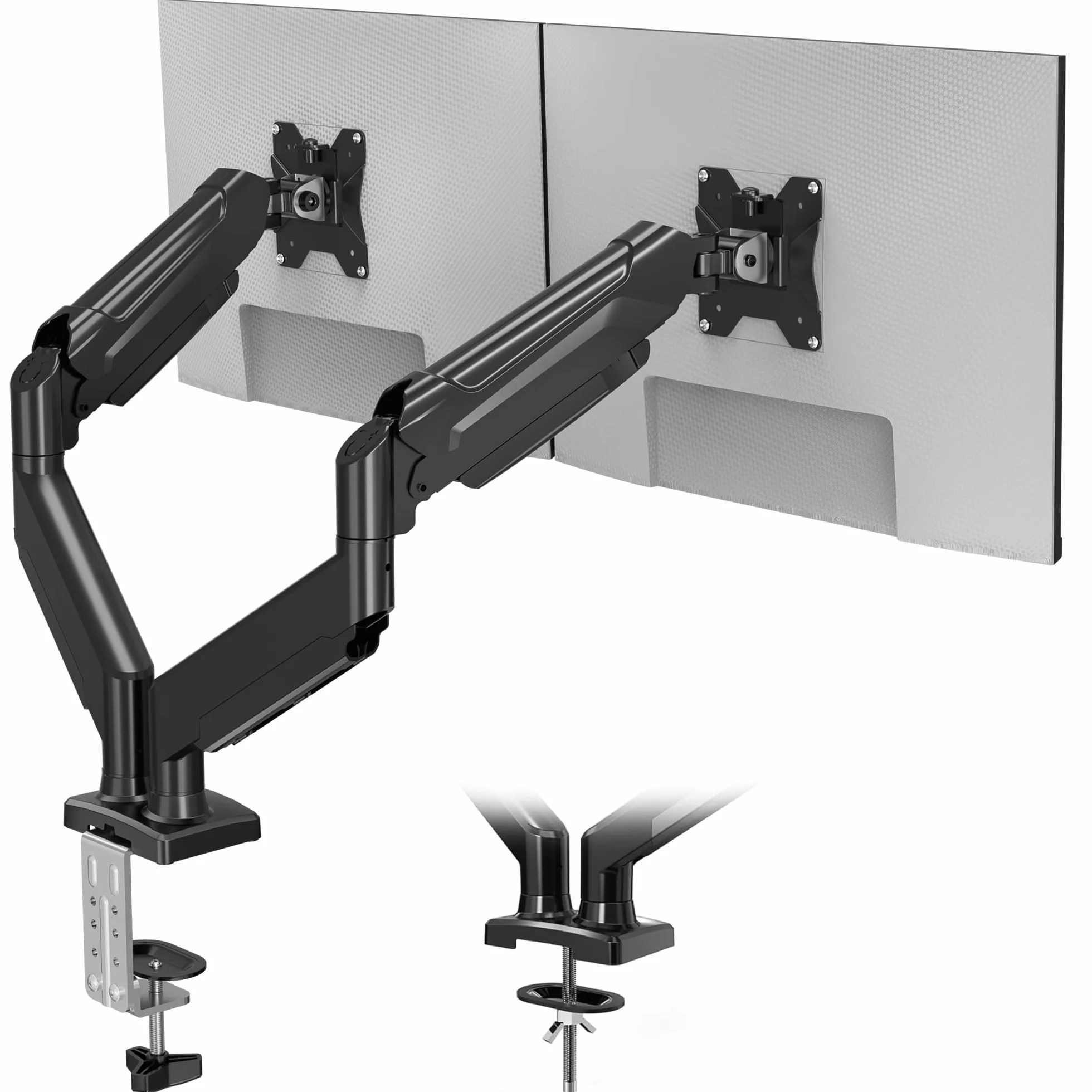 BONTEC Uchwyt biurkowy pod dwa monitory 13–32 cale, regulowany stojak z ramionami na sprężynie gazowej, odchylanie, obrót, VESA 75/100 mm, z systemem zarządzania kablami, do 9 kg na każde ramię