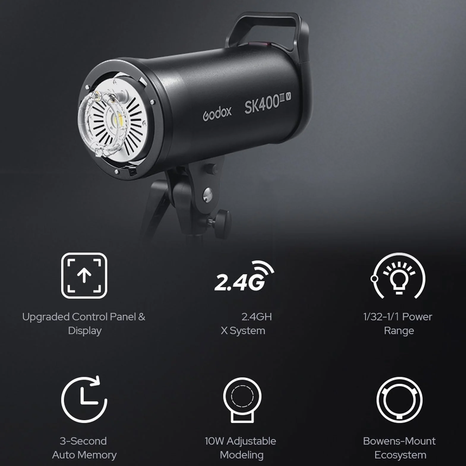 Godox SK400IIIV lampa błyskowa, bezprzewodowa, 2,4 G, 400 W, GN65, 5700 ± 200 K, 0,1-1,5 s, czas ładowania błyskowego 1/200-1/380 s, z lampą nastawczą LED 10 W