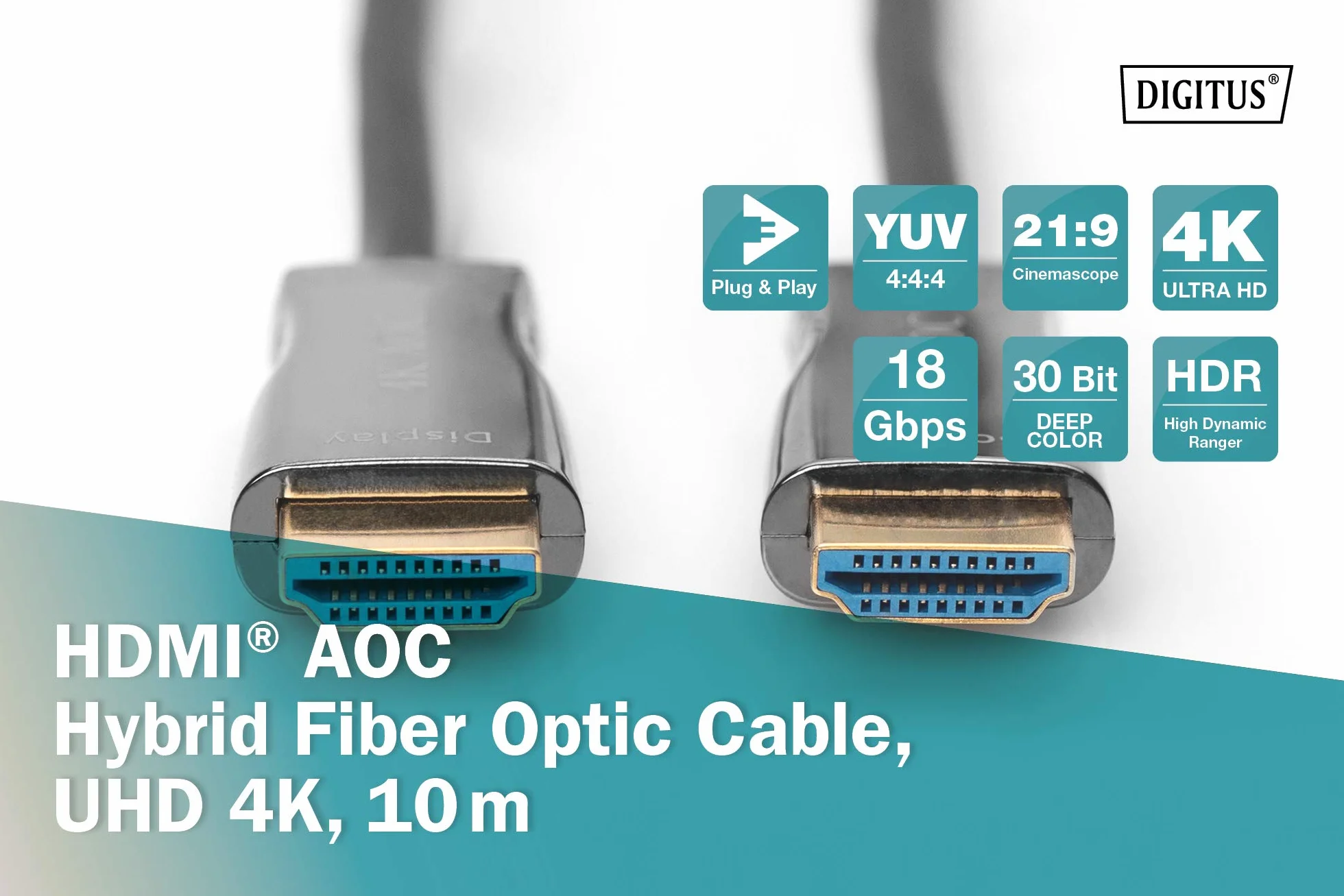 DIGITUS HDMI AOC Hybrydowy kabel światłowodowy - HDMI 2.0b - 4K/60Hz - UHD - Kanał Ethernet - HDR ARC HDCP 2.2 - Pozłacane styki - 20m - Czarny