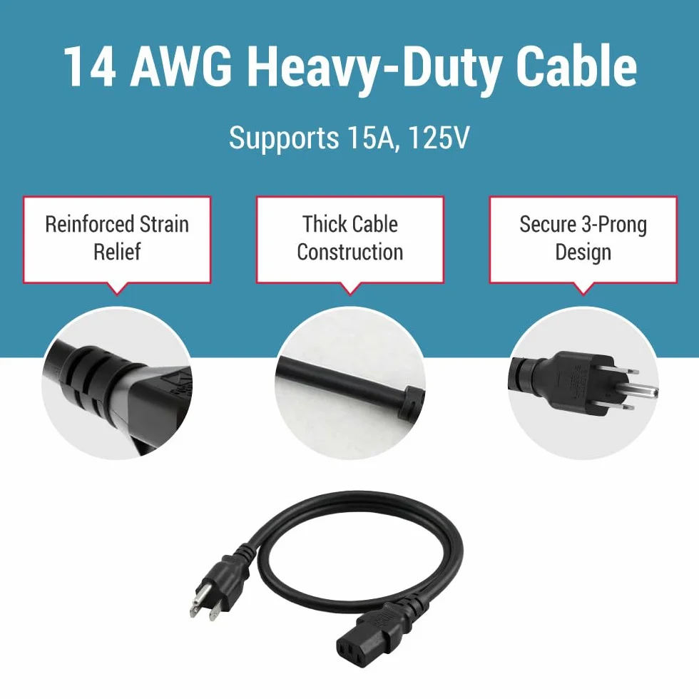 CablesAndKits - Wytrzymały przewód zasilający AC 1,8 m – 3-pinowy zapasowy przewód zasilający 15 A/125 V, 14 AWG, NEMA 5-15P do IEC-60320-C13-3 AC przewód zasilający do komputera, monitora
