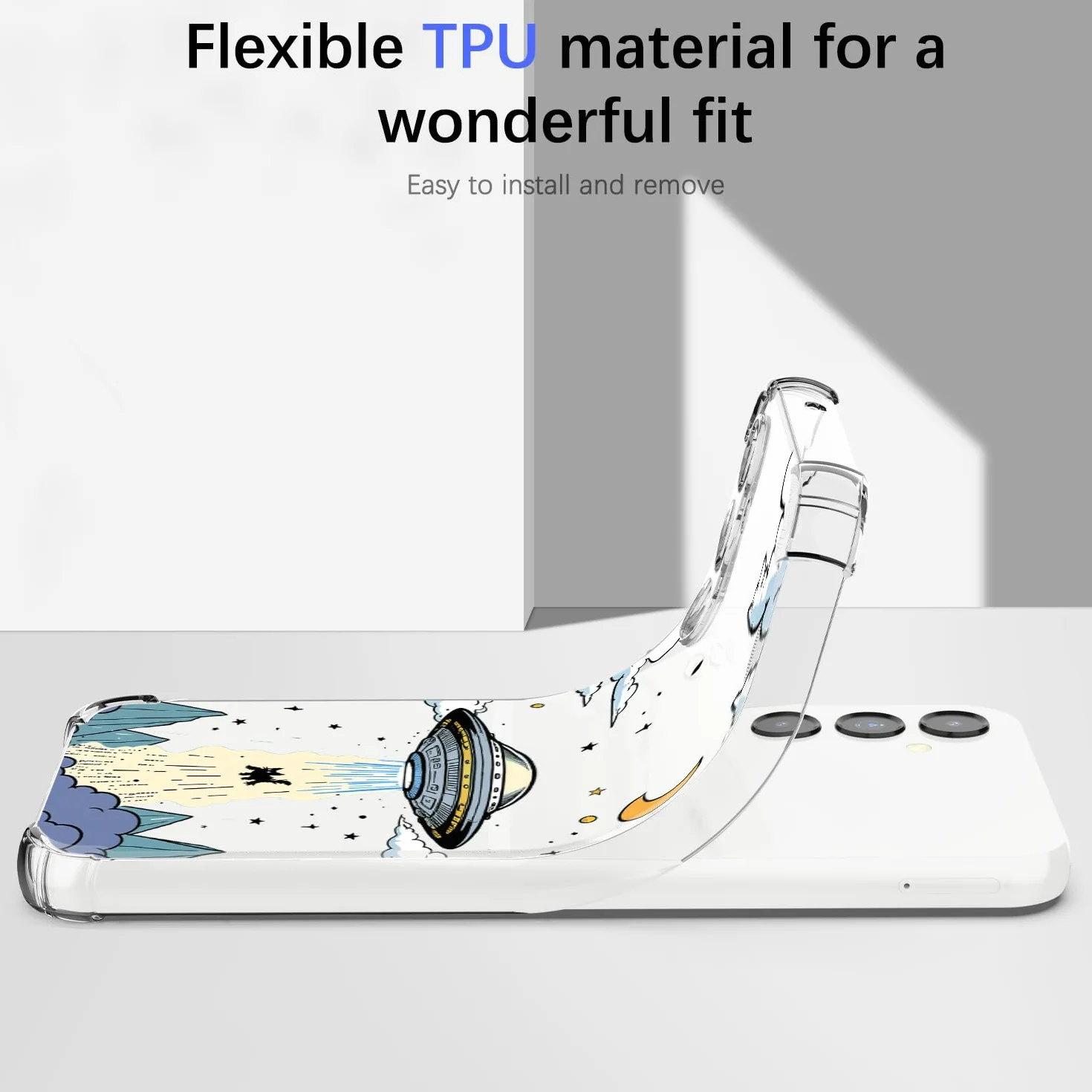 Przezroczyste etui na iPhone 17, miękki silikon TPU odporny na wstrząsy wzór odpowiedni dla dziewcząt i chłopców lekki cienki pokrowiec ochronny na iPhone 17, statek kosmiczny