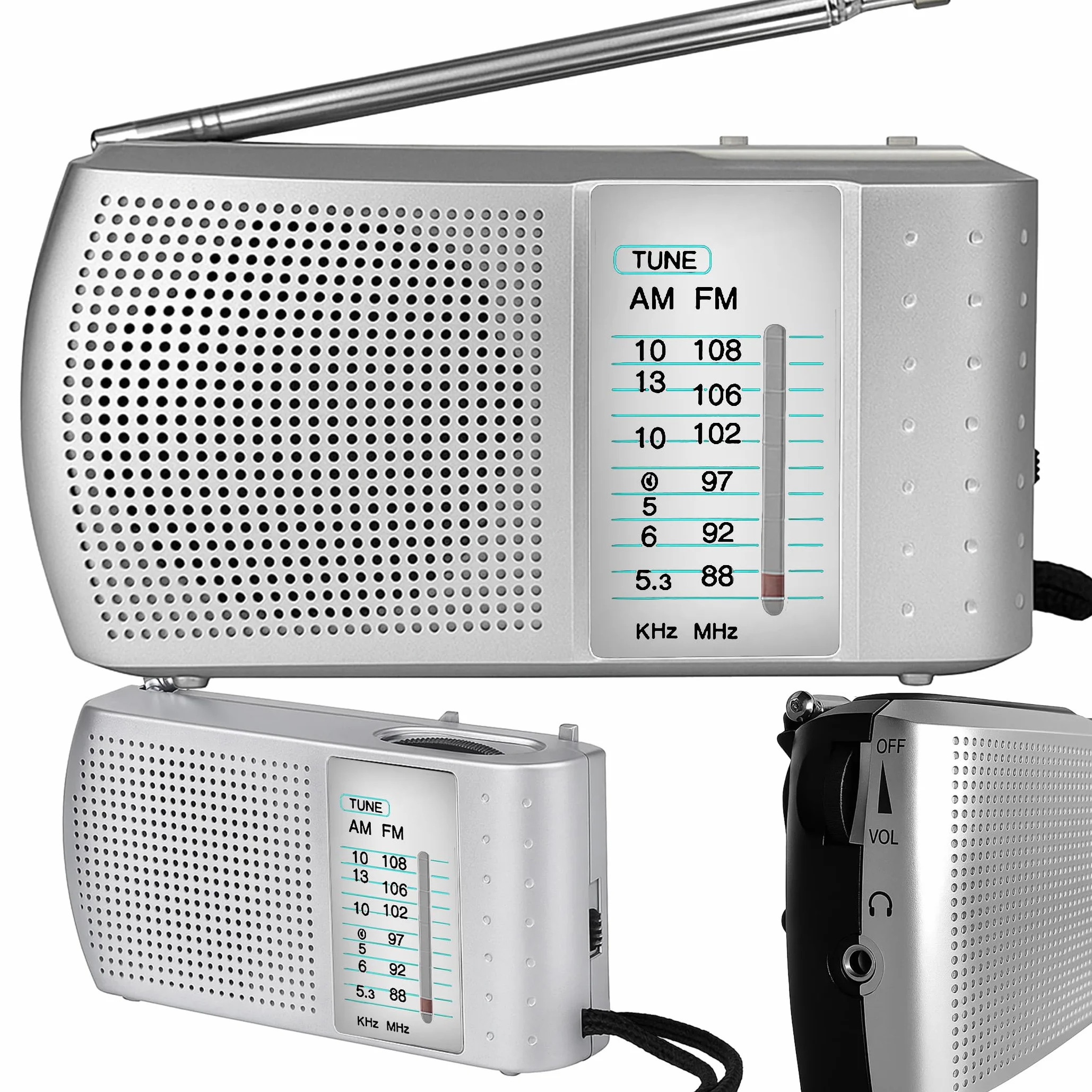 Retoo Przenośne radio FM AM SW z anteną teleskopową, głośnik 2,5", srebrne