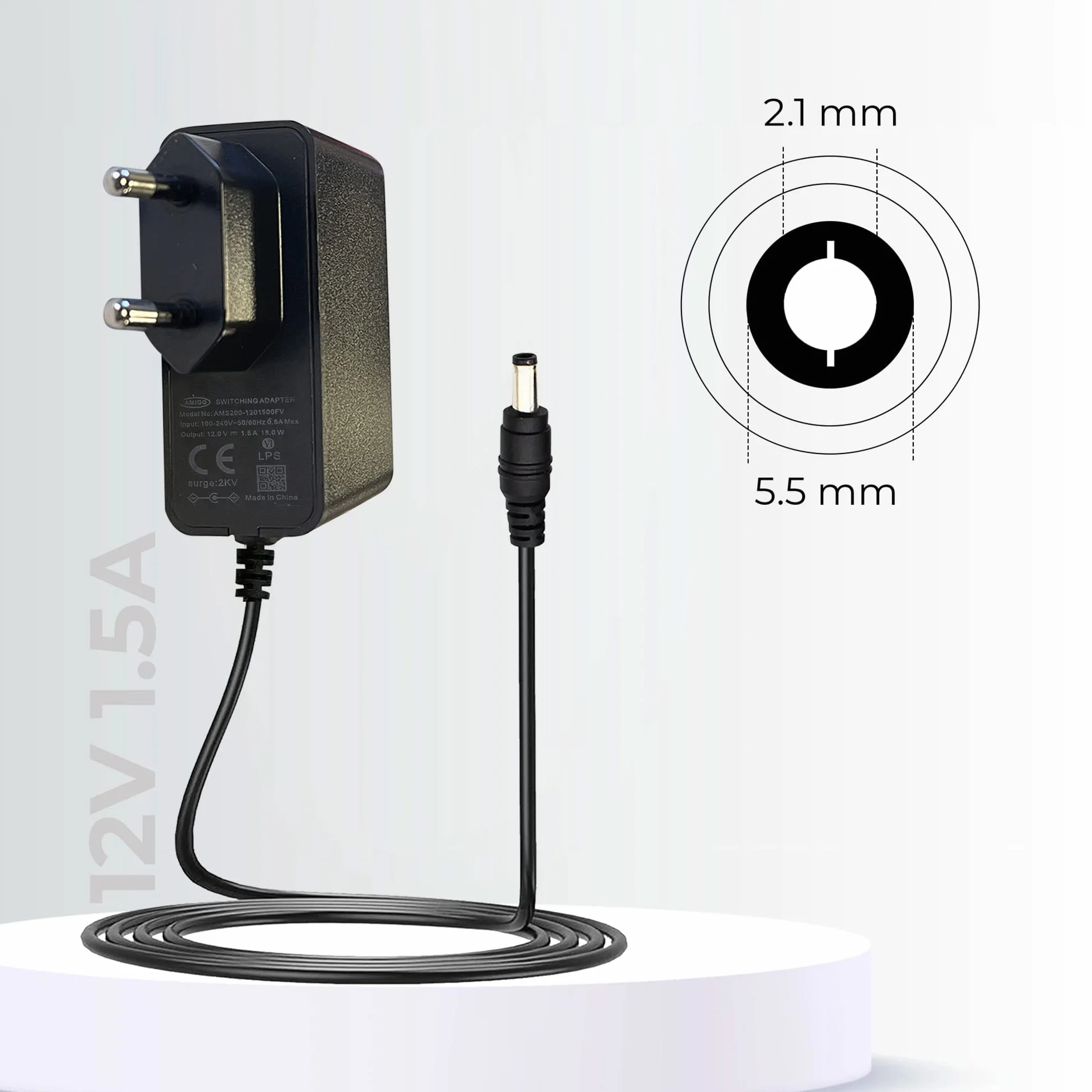 LEYF Uniwersalny Zasilacz 12V DC 1.5A AC 100-240V 50/60Hz Adapter wtykowy z kablem 120 cm