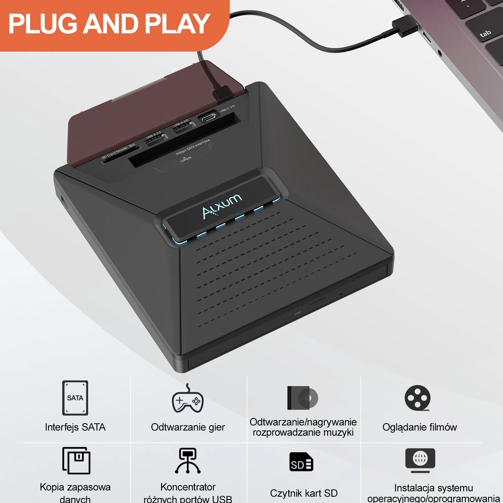 Alxum Zewnętrzny napęd DVD CD do laptopa, napęd CD zewnętrzny USB z interfejsem SATA, nagrywarka DVD zewnętrzna z czytnikiem kart SD/TF i portami USB, do laptopa, komputera, Windows, Linux, Mac OS
