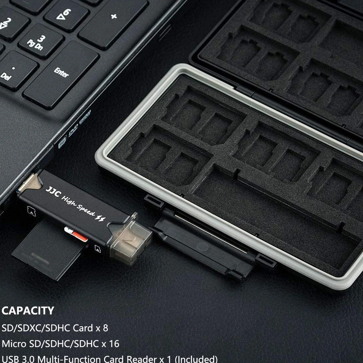 JJC Wodoodporne Etui Na Karty Pamięci Z 25 Gniazdami, Czytnikiem USB 3.0 Do 16 Micro SD/SDXC/SDHC + 8 SD/SDXC/SDHC - Antywstrząsowe, Przenośne