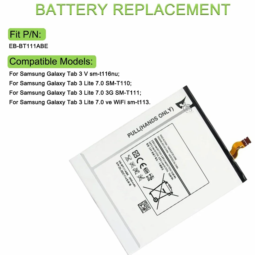 XITAIAN 3.8V 13.68Wh 3600mAh EB-BT111ABE EB-BT116ABE Kompatybilny z Bateria Zamiennik do Samsung Galaxy Tab 3 Lite 7.0 SM-T111 T110 T3600E