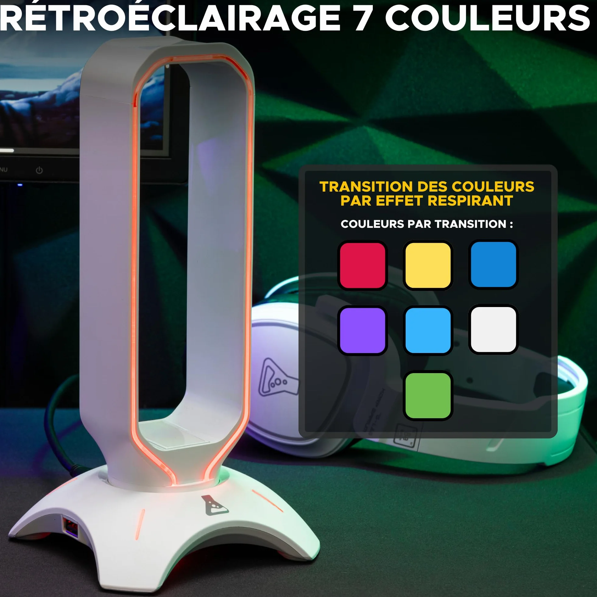 G-Lab K-Stand Radon - Podświetlenie RGB, hub USB 2 x 2.0, antypoślizgowa podstawa - Uniwersalny uchwyt do słuchawek i mikrofonu do gier - Biały