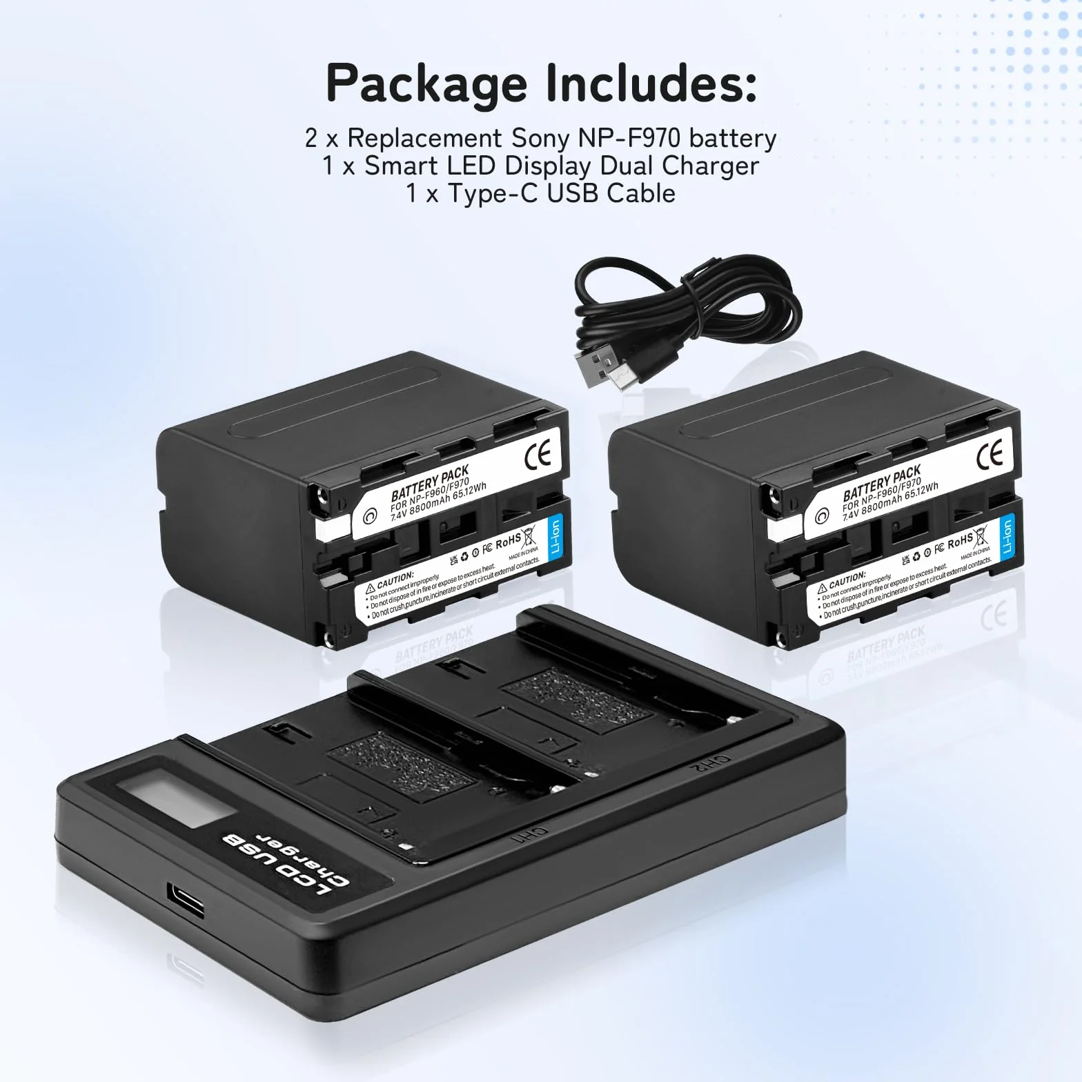 2-pak 8800 mAh akumulator zamienny do Sony NP-F970 i ładowarka USB do Sony NP-F960 NP-F950 NP-F930 NP-F550 NP-F570 NP-F750 baterie do kamer komórkowych, monitorów polowych, oświetlenia wideo
