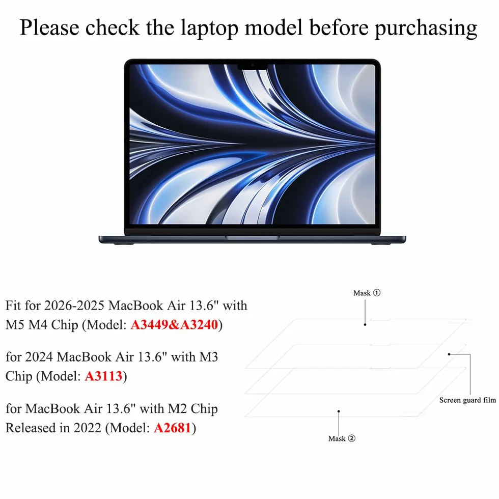 Przezroczysta osłona na ekran HD 2-pak do MacBooka Air 13.6" 2022 2023 M2 A2681 Odporna na odciski palców i zarysowania