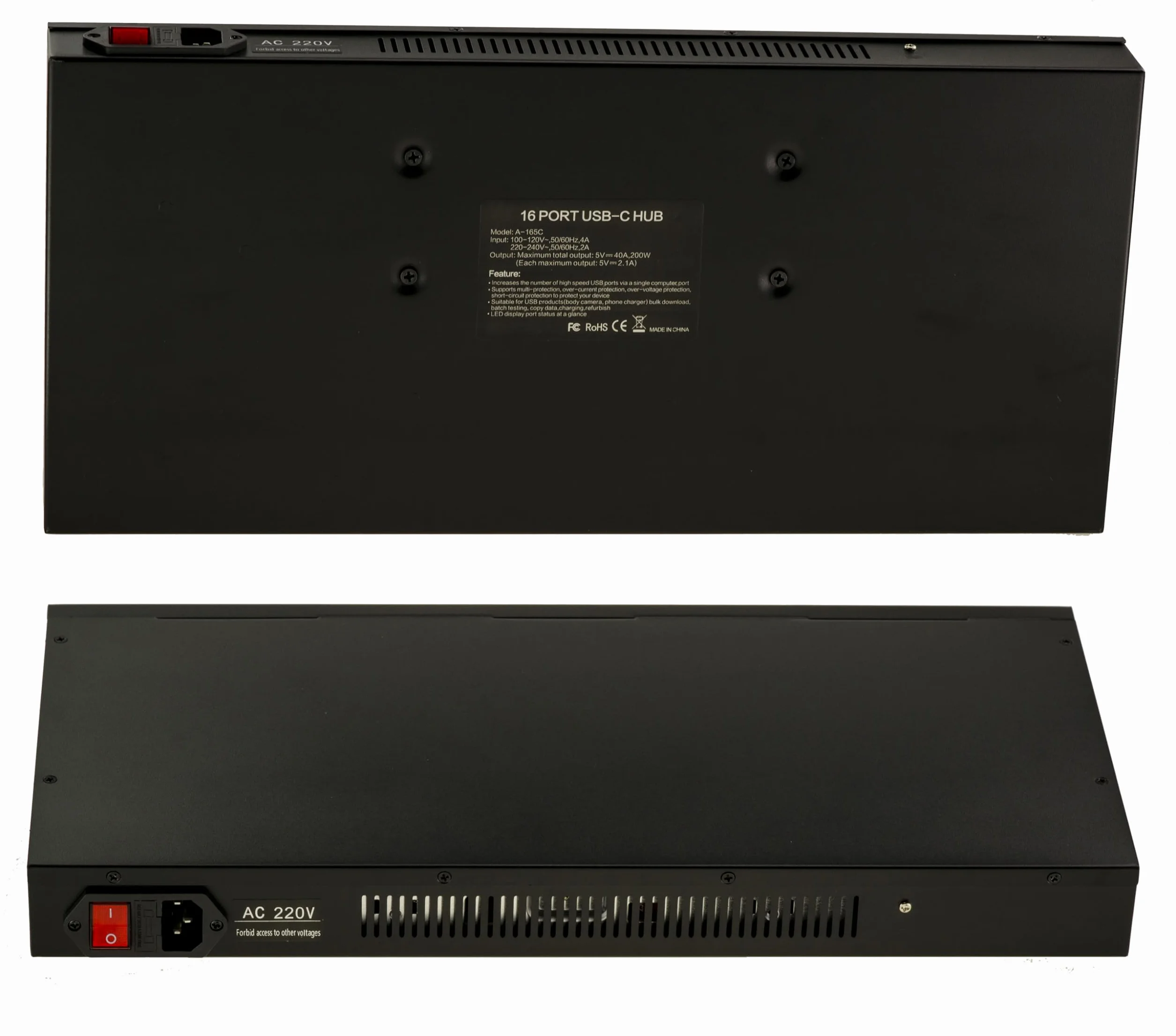 KALEA-INFORMATIQUE Przemysłowa stacja ładująca do montażu w szafie rack 44 cm 16 portów USB typu C Maksymalna moc 200 W, zasilanie 5 V 2,1 A na port