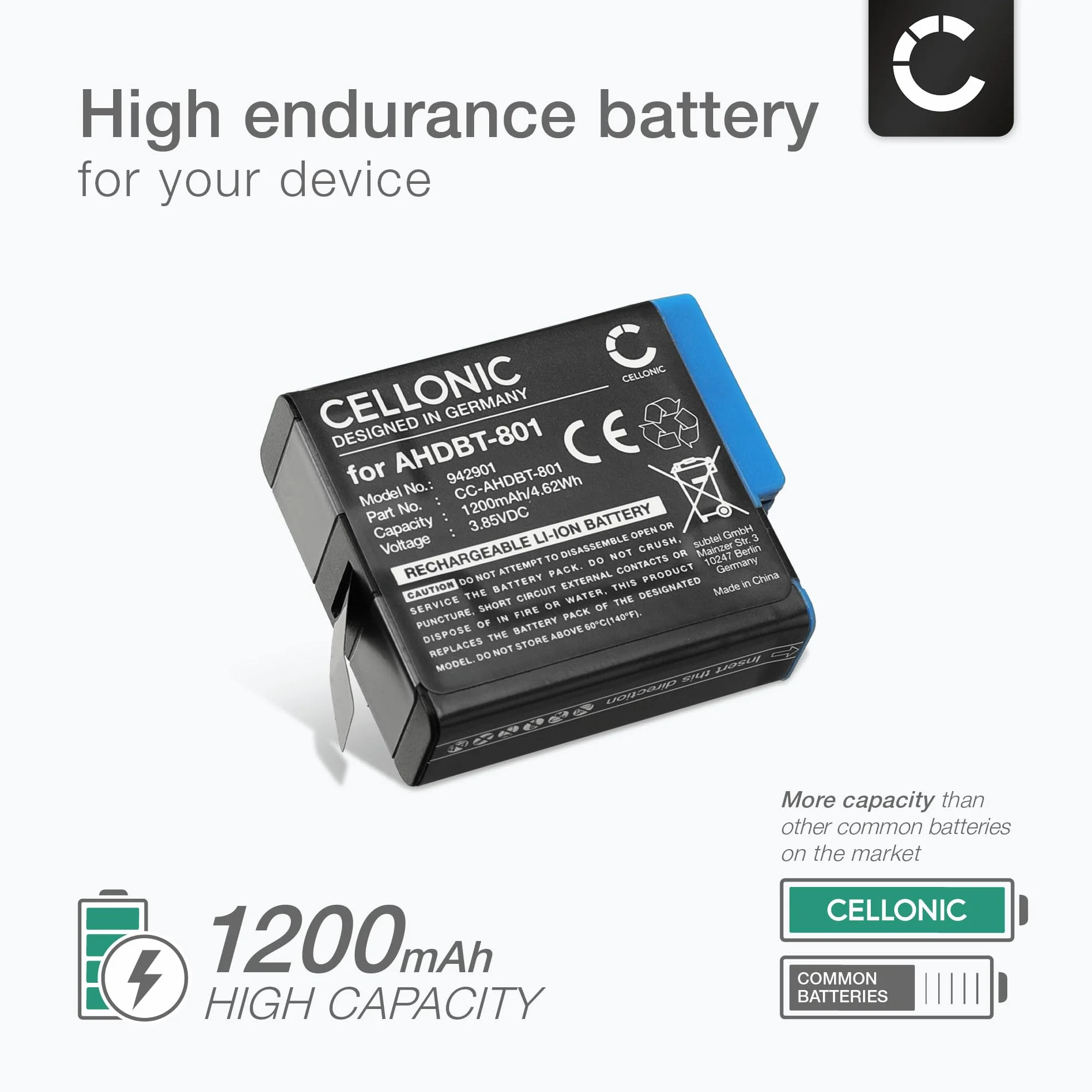 CELLONIC, akumulator do kamery kompatybilny z GoPro Hero 7 Black, 8, 6, 025416, 421850 (3,85V, 1200mAh)