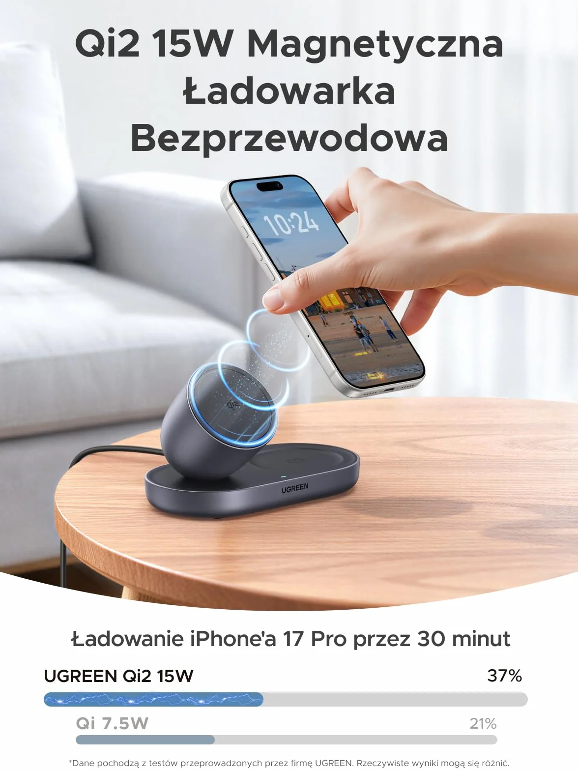UGREEN Zapix 2 w 1 Magnetyczna ładowarka Bezprzewodowa 15W, stacja ładowania iPhone'a z certyfikatem Qi2, kompatybilna z MagSafe dla serii iPhone 17/16/15/14/13/12 i AirPods, z kablem 1m – Czarny
