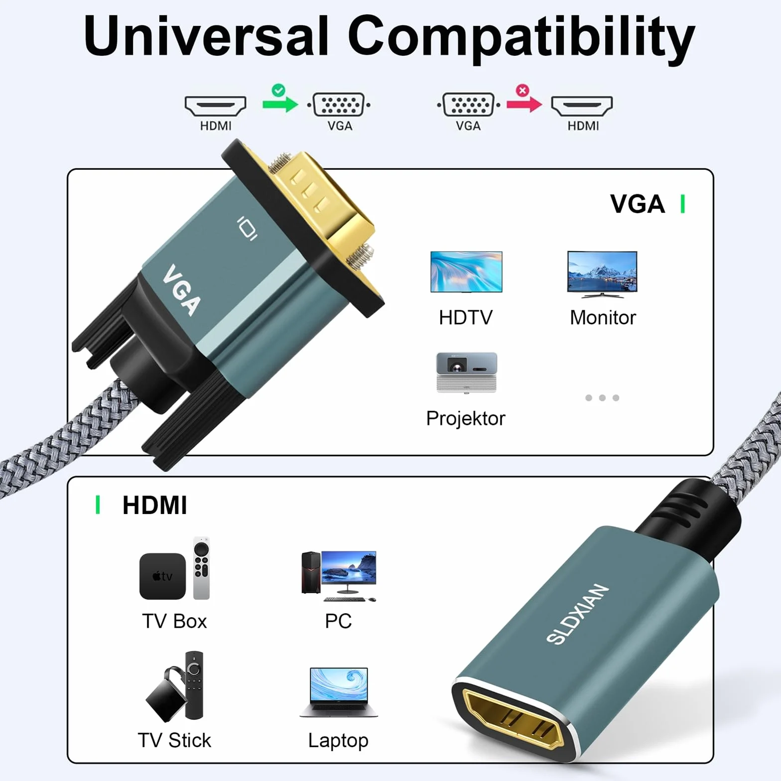 Adapter HDMI na VGA żeński na męski 1080P 15 cm