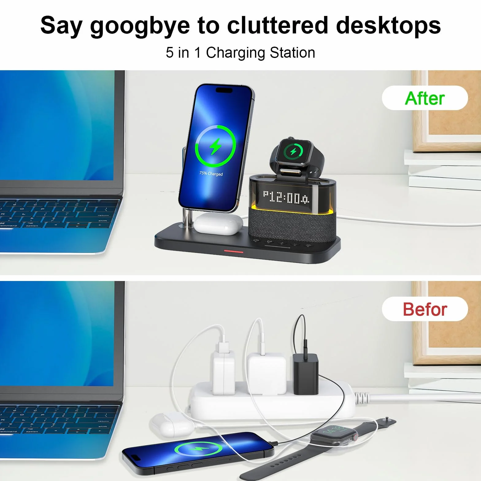 Bezprzewodowa Ładowarka 5-w-1 z Budzikiem i Lampką Nocną – Stacja Ładująca do iPhone 17 16 15 14 13 12 Pro Max, Apple Watch i Słuchawek (AirPods) Czarny