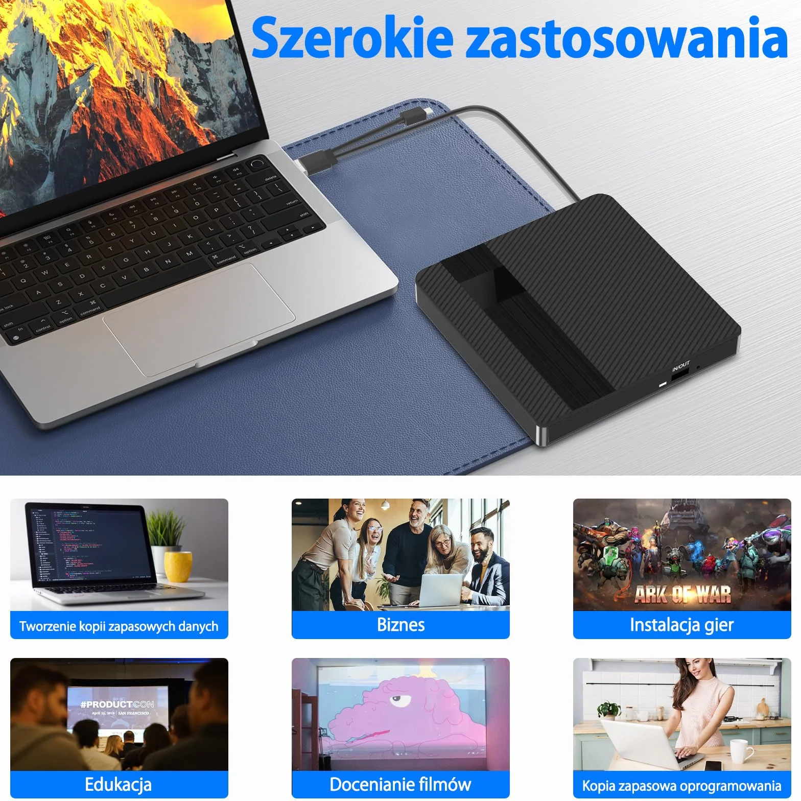 Zewnętrzny napęd CD/DVD USB 3.0 Typ-C Nagrywarka +/-RW Przenośny do laptopów i komputerów Mac OS Windows 11/10/8/7/XP Linux
