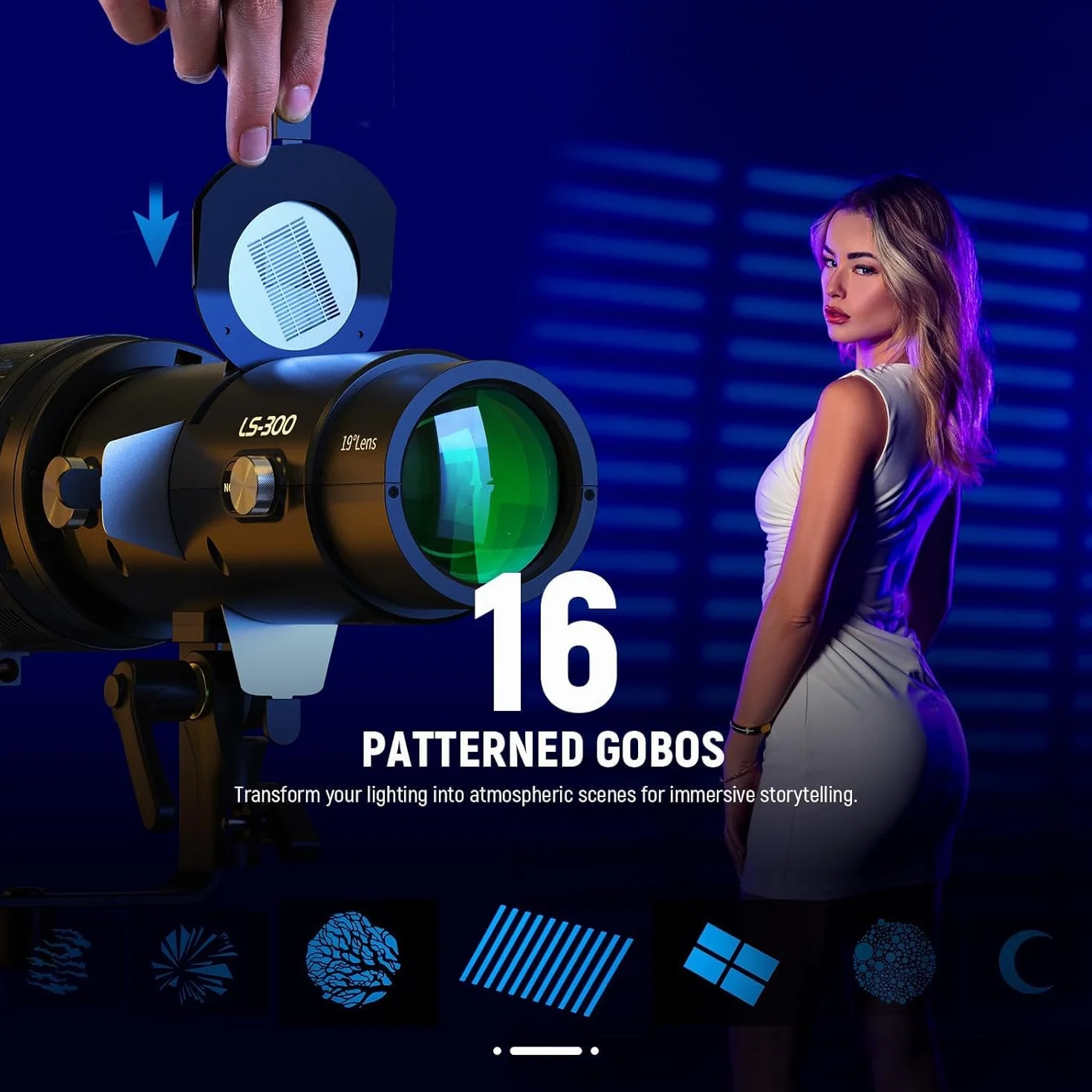 NEEWER LS-300 Reflektor optyczny Snoot do lamp wideo LED o mocy 300 W z obiektywem projekcyjnym 16x Gobo 19° 98% przepuszczalności światła, geometryczny modelujący do kreatywnej fotografii i