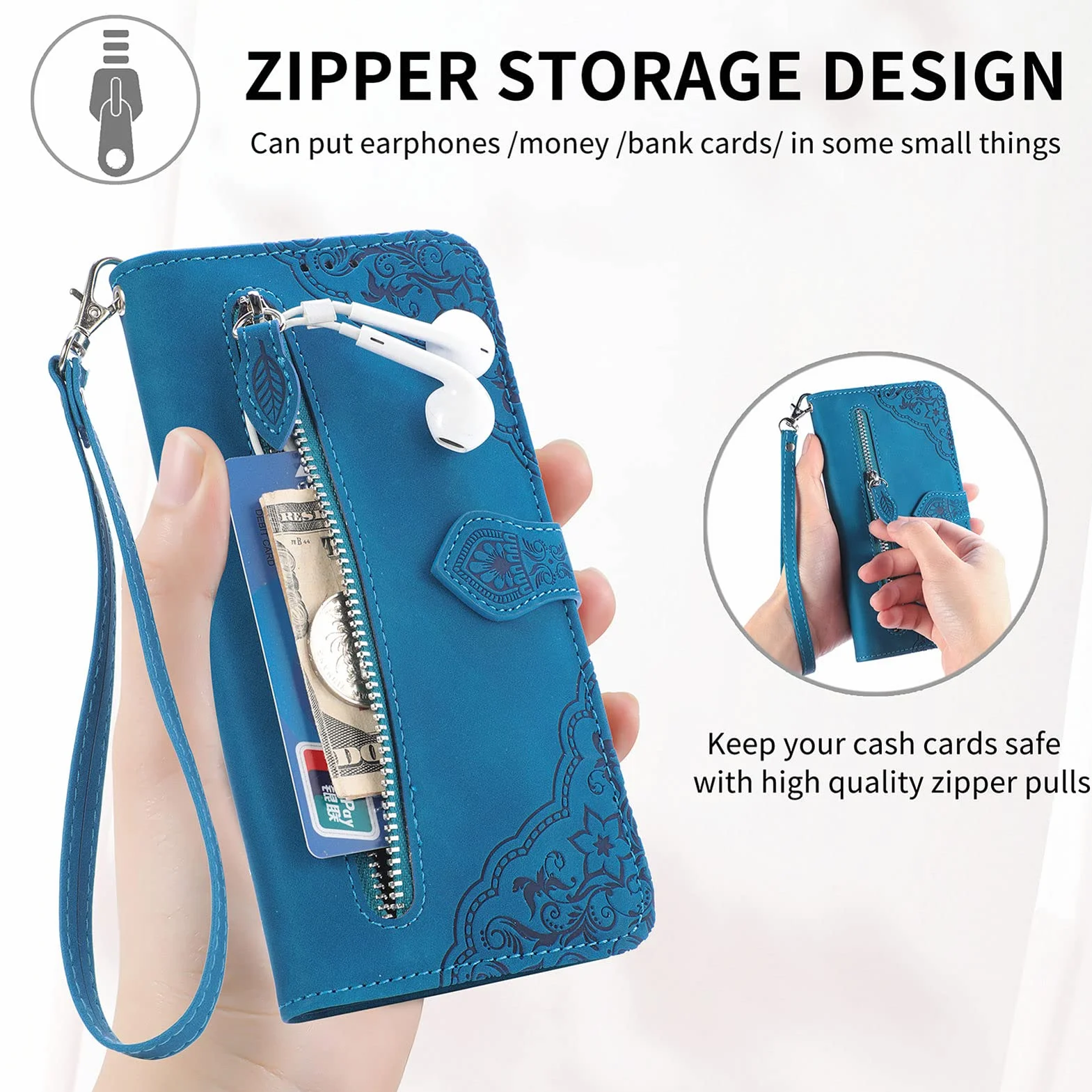 Etui na Samsung Galaxy A32 4G, klapką skórzane etui z zamkiem błyskawicznym zapięcie magnetyczne z podpórką i przegródkami na karty odporne na uderzenia - Niebieski