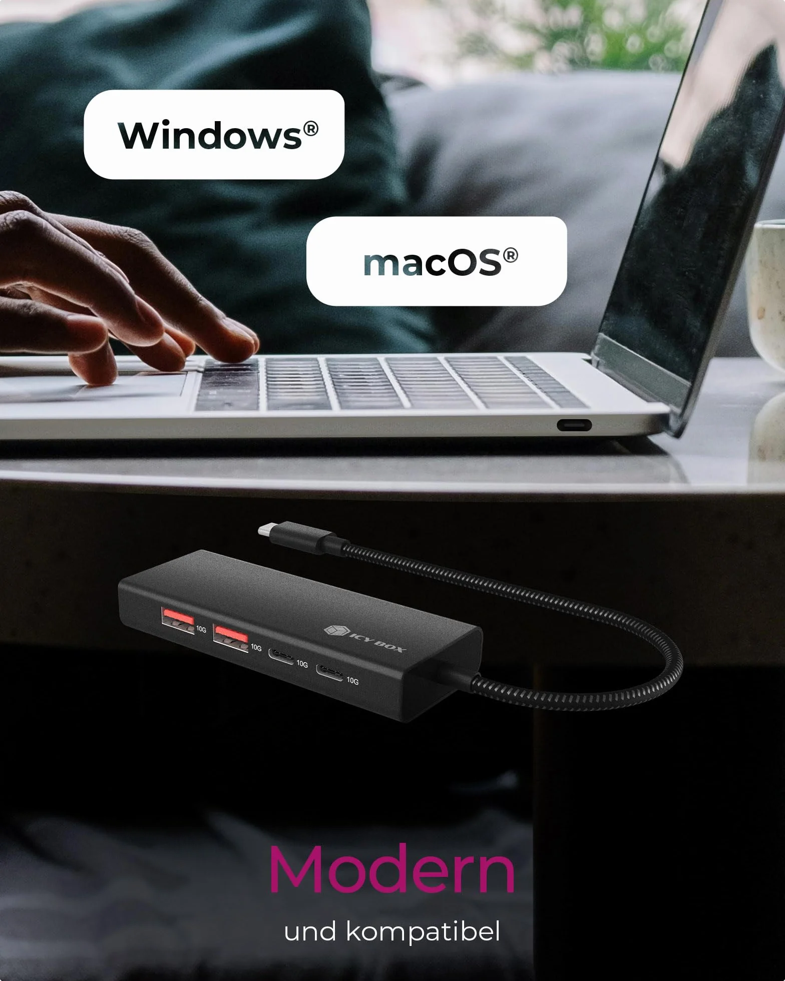 ICY BOX USB 3.2 Gen 2 HUB (10 GB/s), 4 x USB 3.2 (2X USB-A i 2X USB-C), 100 W Power Delivery, aluminium, wraz z kablem 30 cm, IB-HUB1436-CPD