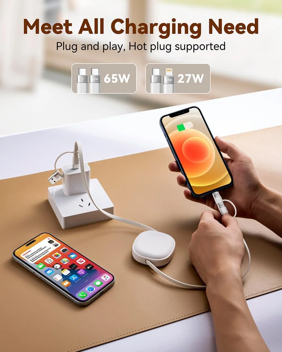 Minlu Kabel do ładowania Multi 65 W, zwijany kabel do ładowania 5 w 1, szybkie ładowanie, kabel do ładowania Multi USB z transferem danych, USB C na USB C [65 W] + Lightning [27 W] do iPada, Samsunga | Multi kabel do ładowania z transferem danych, USB C n