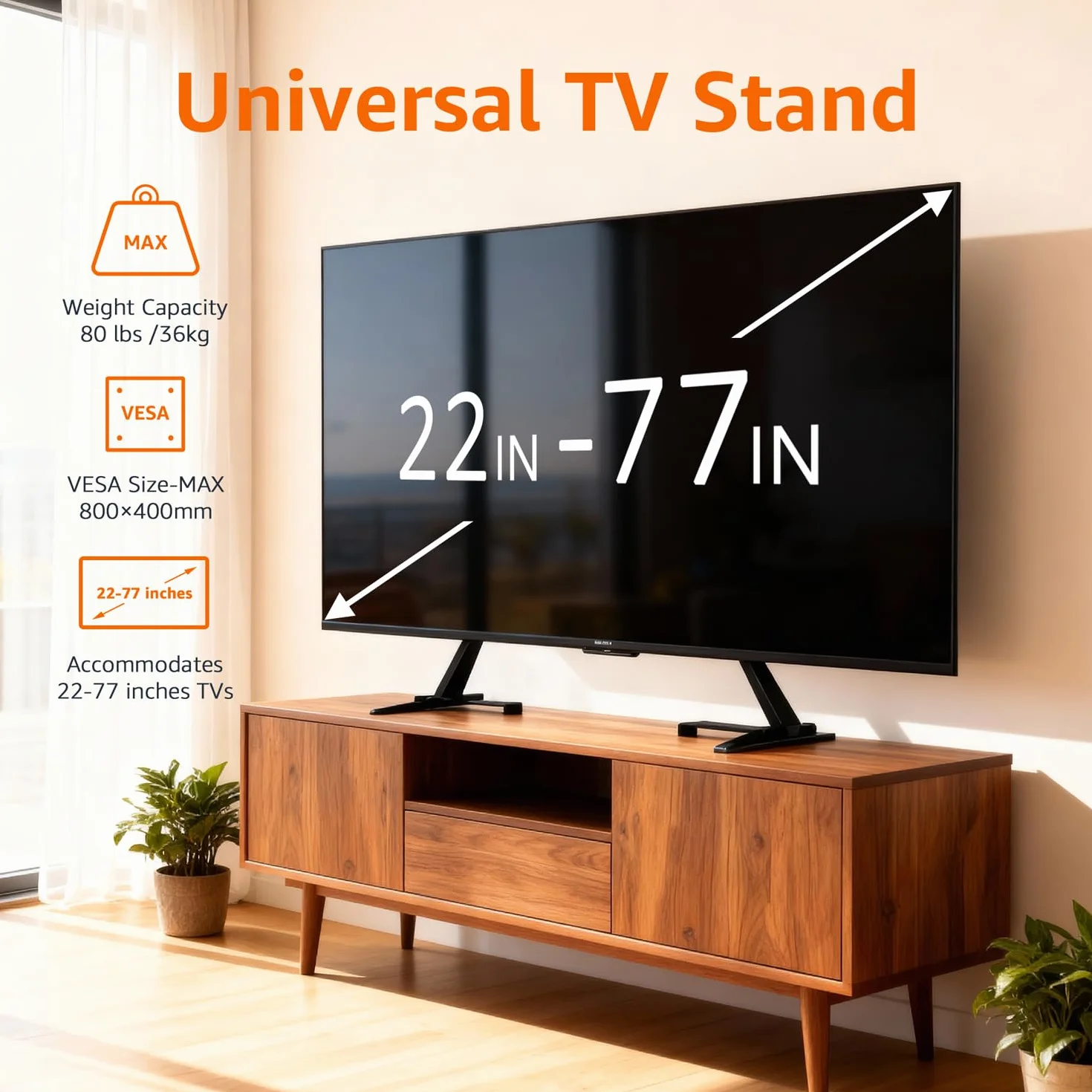 Amazon Basics Uniwersalny Stojak do Telewizora, Regulacja Wysokości do Telewizorów 22–77 cali, Udźwig do 36,3 kg, VESA 200x100 do 800x400, Zawiera Uchwyt do Soundbara, Czarny
