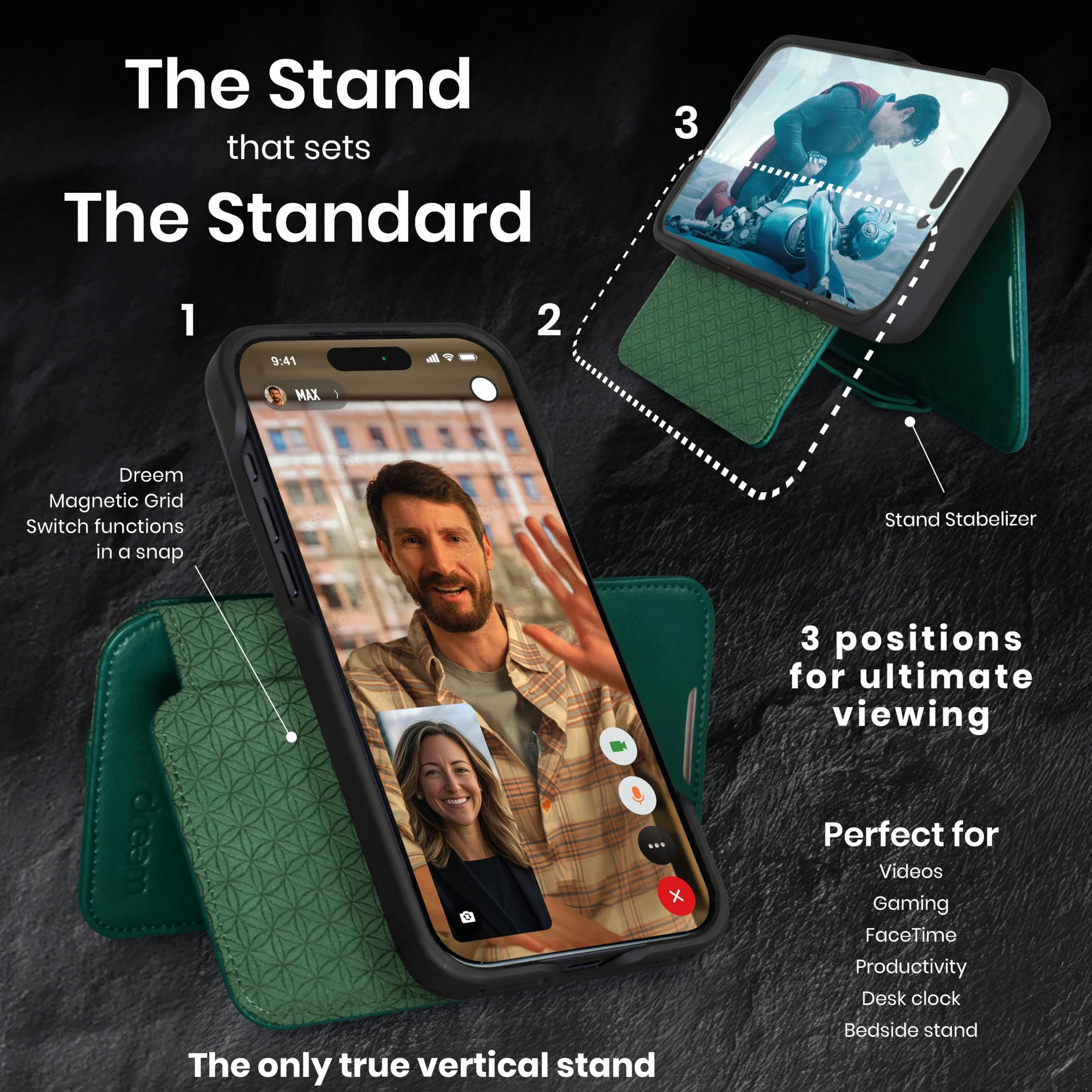Dreem Skórzane etui do iPhone 17 Pro Max – rewolucyjny stojak i kieszeń na karty, zdejmowane etui magnetyczne, MagSafe-Ready, blokada RFID, etui portfelowe z prawdziwej skóry [Fibonacci: Dark Green]